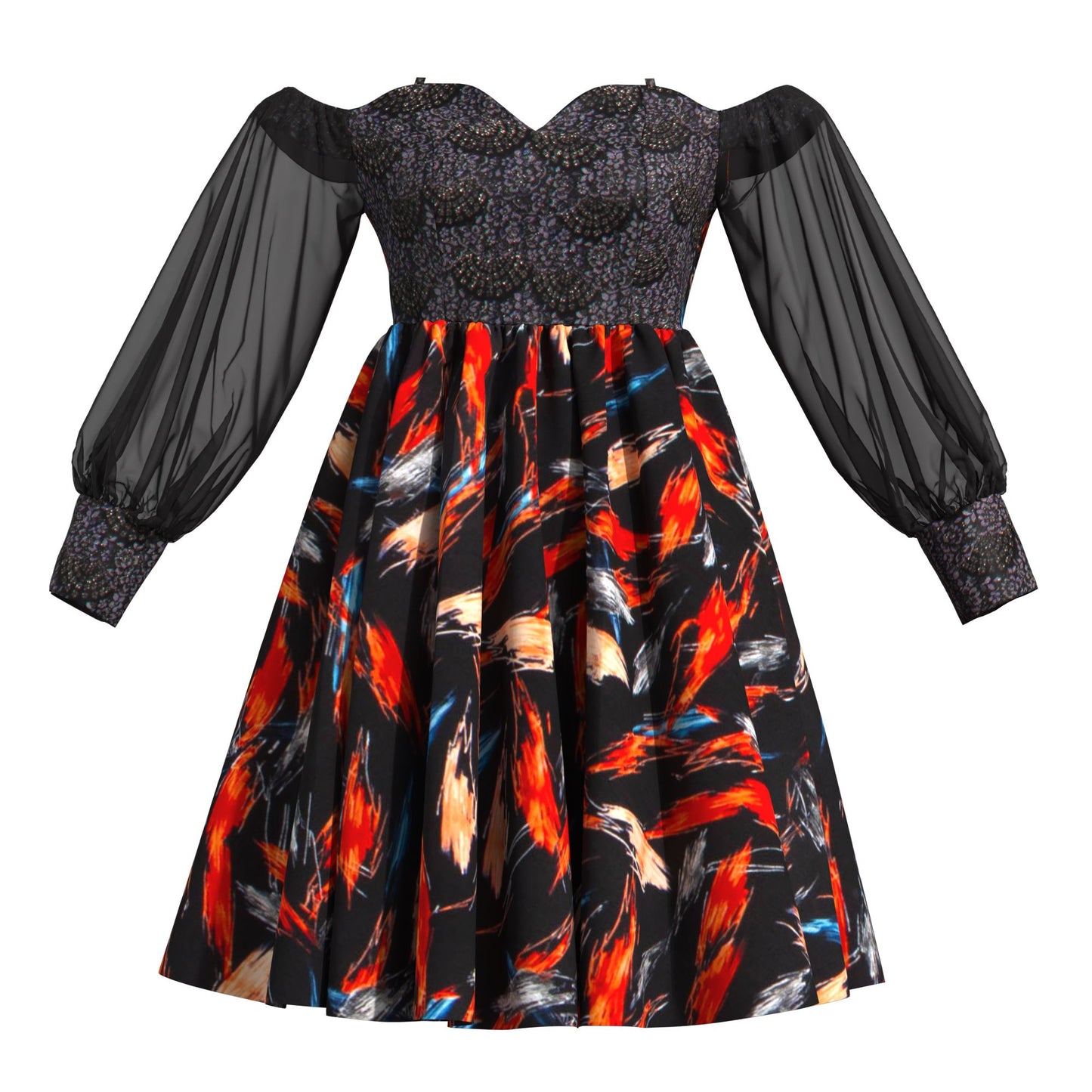 African Print Sequin Off Shoulder Mesh Sleeve A-Line Dress