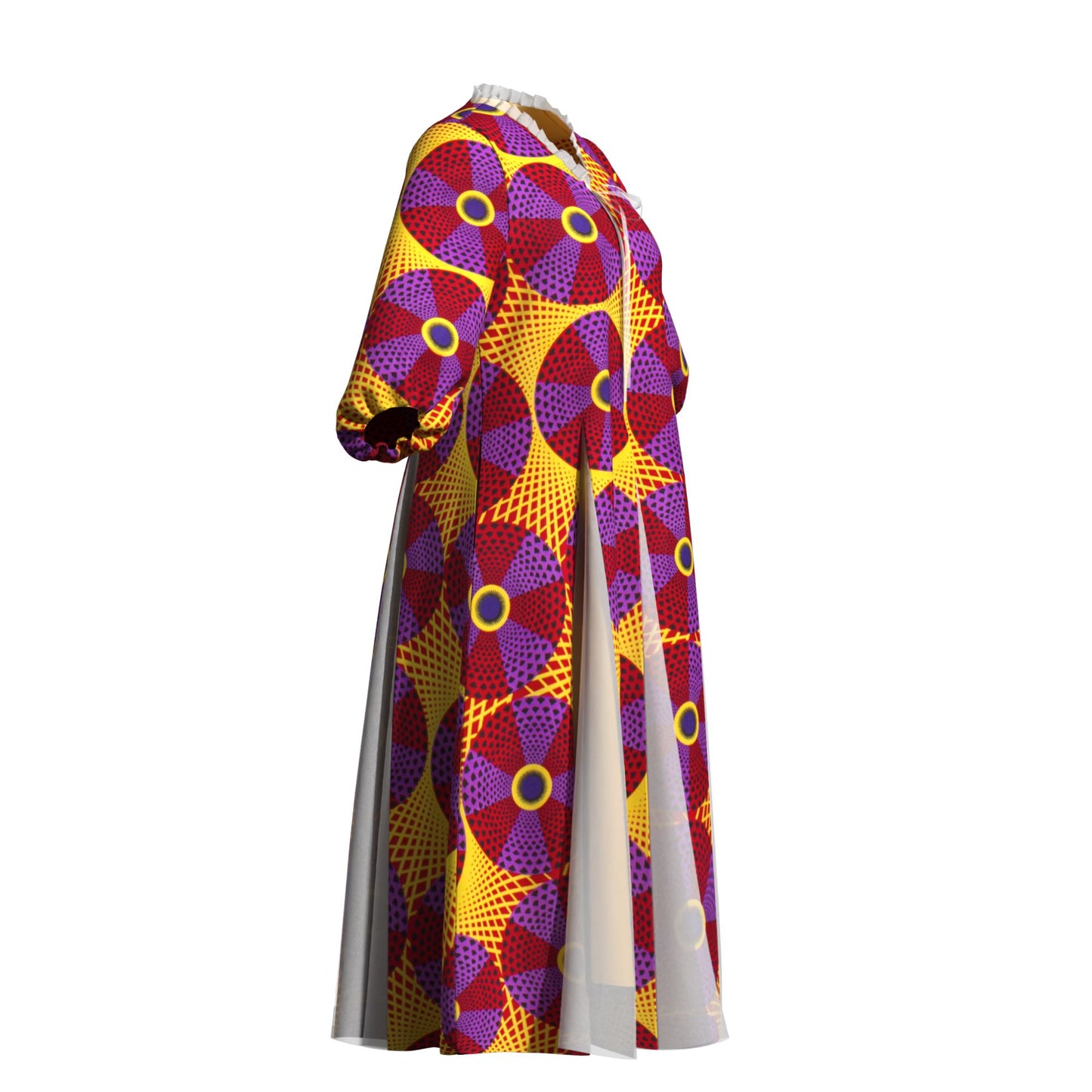 Women Bold Tribal Floral Print V Neck Puff Midi Dress Sheer Panel Split Layer Church Party Outfit