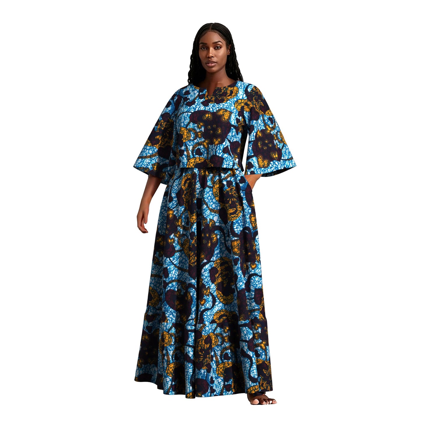 African Print Two Piece Outfit Women Notch Neck Crop Top & Tiered Maxi Skirt Set High Waist Slimming Matching Suit