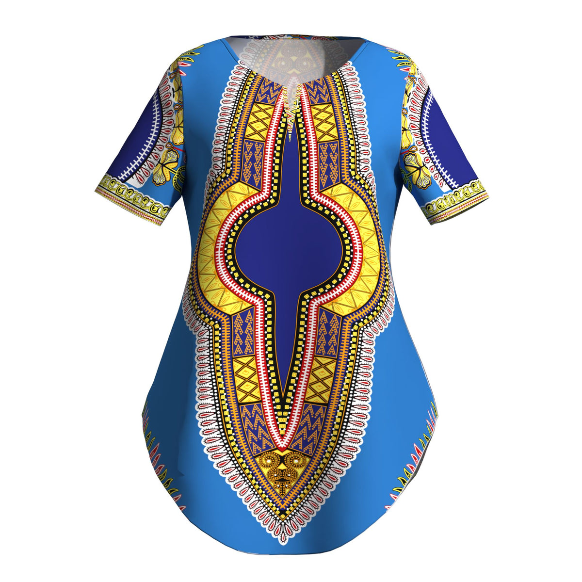 African JAVA Print Dashiki Tunic Top, Women Short Sleeve V‑Neck Curved Hem Loose Blouse WY10632