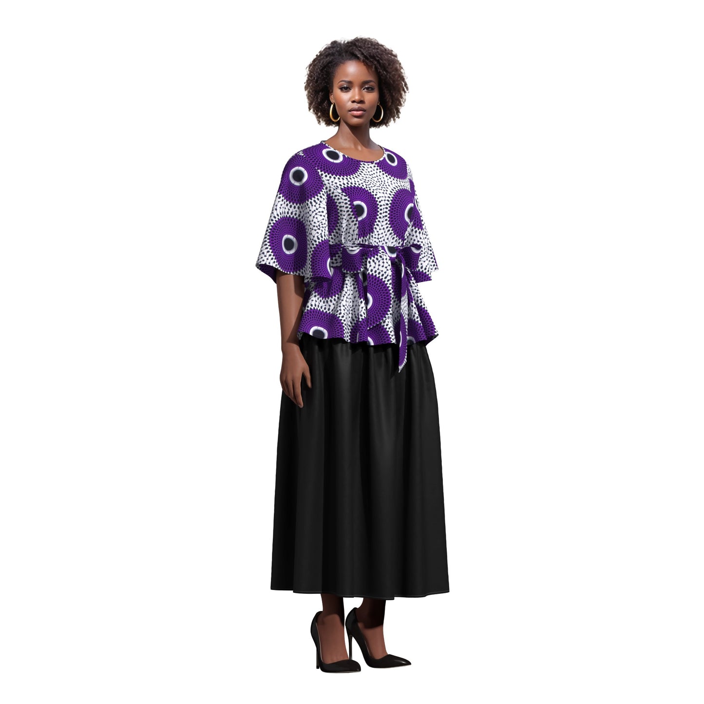 African Print Flare Sleeve Peplum Blouse with Waist Sash