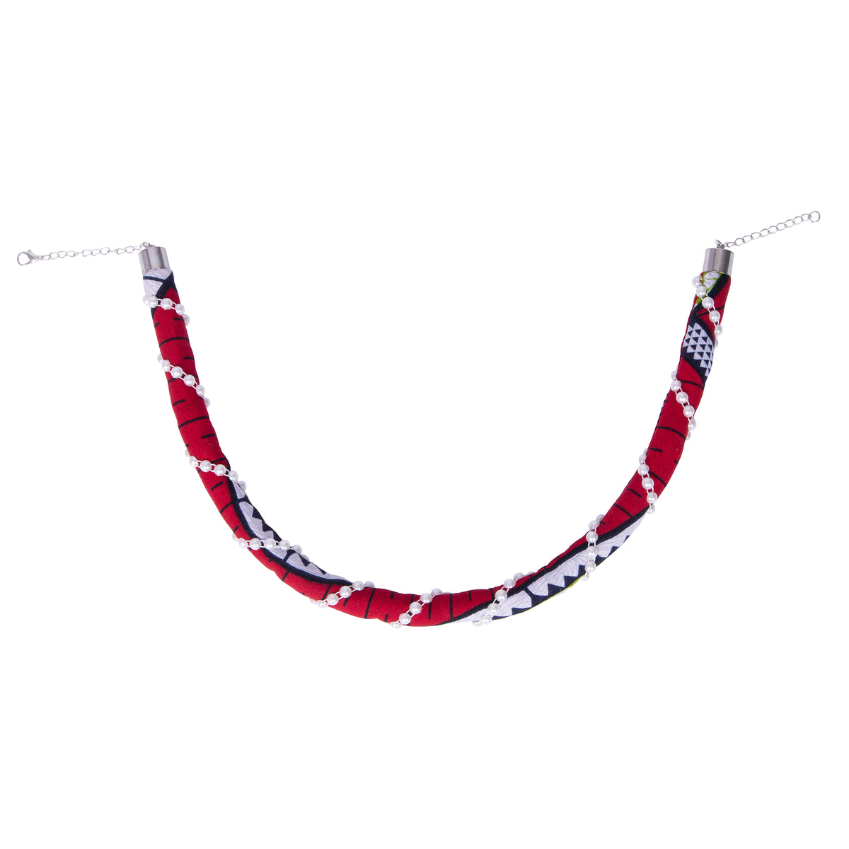 Ethnic African Print Wrapped Choker Necklace, Faux Pearl Accent Women Jewelry Accessories WYB1078