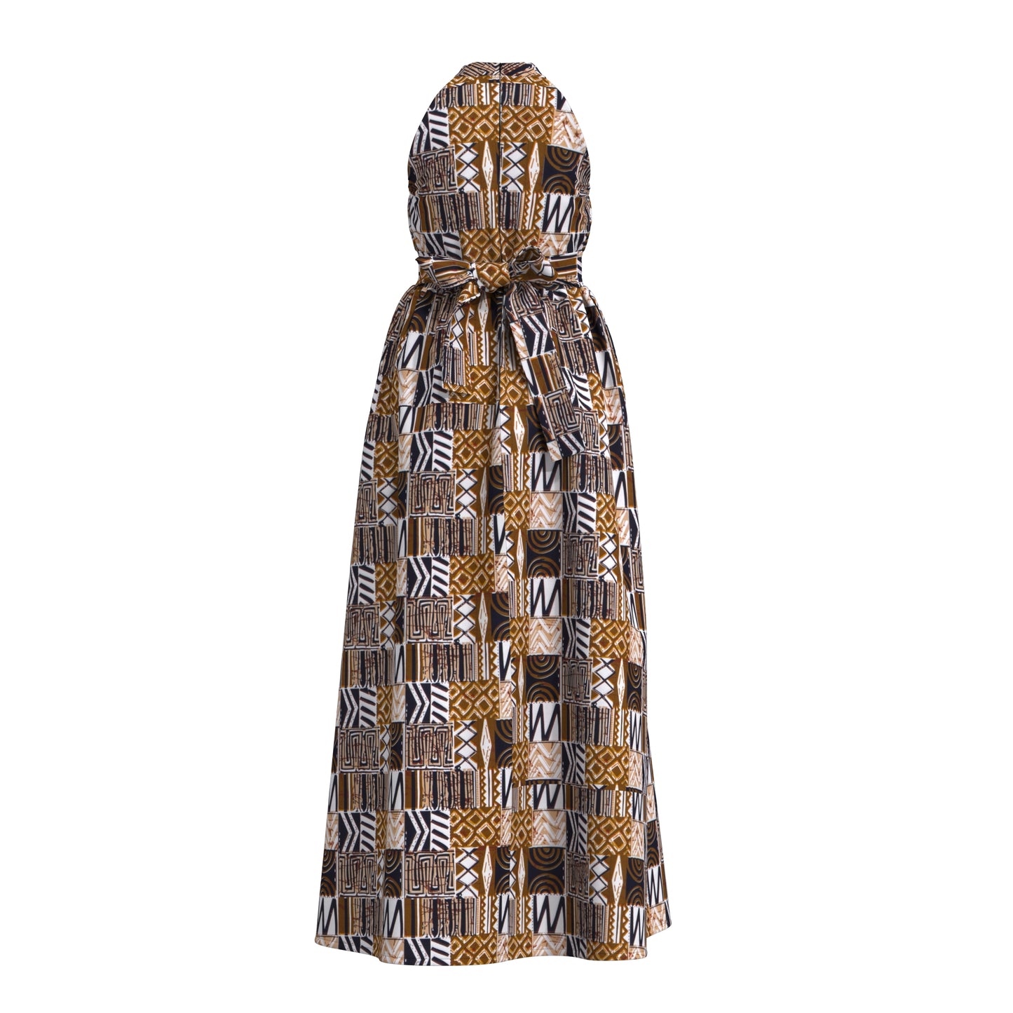 Ladies African Fabric Halter Maxi Dress With Back Bow & Side Split