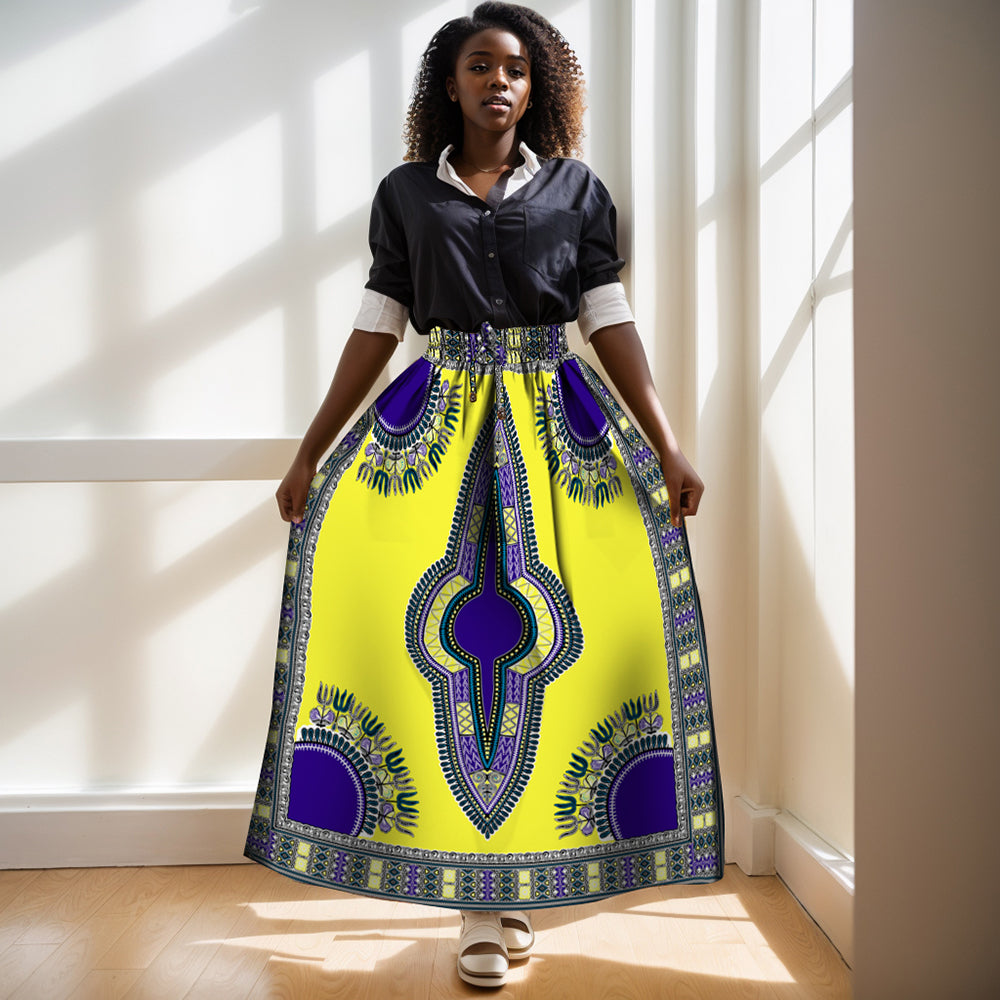 Women's High Waist Flowy Maxi Skirt Elastic & Drawstring Waist African Dashiki Pattern