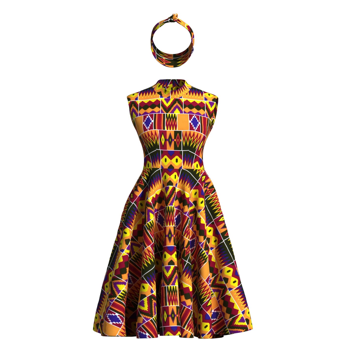 Ankara Print High Neck Sleeveless Midi Dress with Headband