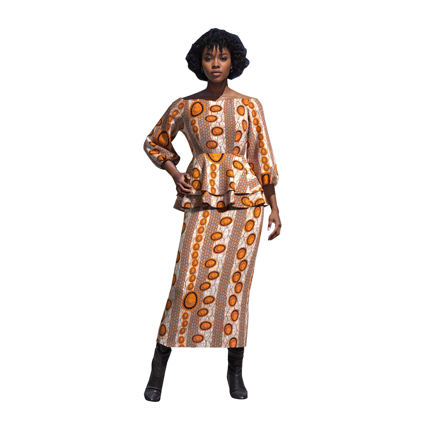 Ankara Print Elastic Cuff Peplum Top & Maxi Skirt Set