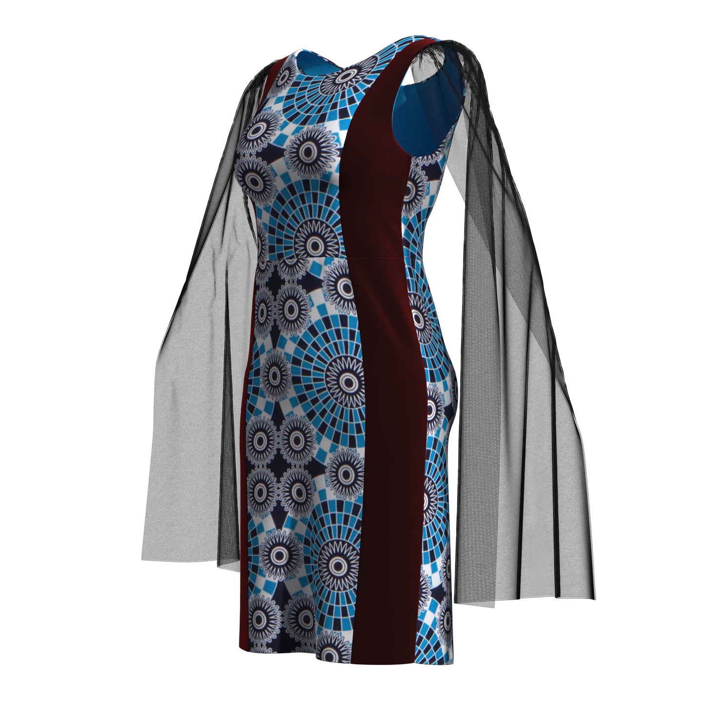 Traditional West African Print Sheath Dress – Sheer Cape Sleeve with Velvet Side Panels