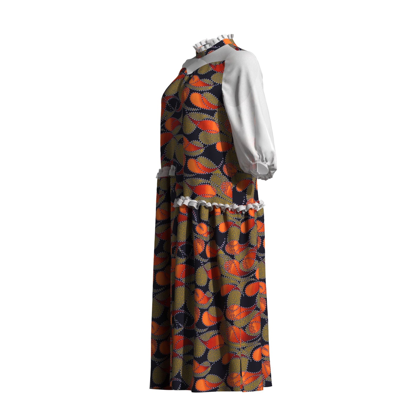 African Fabric Sheer Mesh Ruffle Collar Tiered Swing Midi Dress