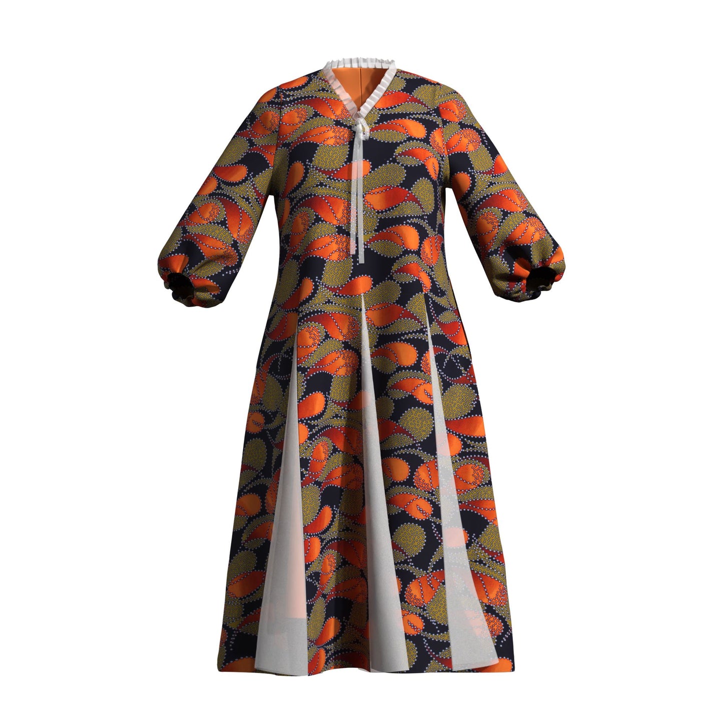 Women Bold Tribal Floral Print V Neck Puff Midi Dress Sheer Panel Split Layer Church Party Outfit