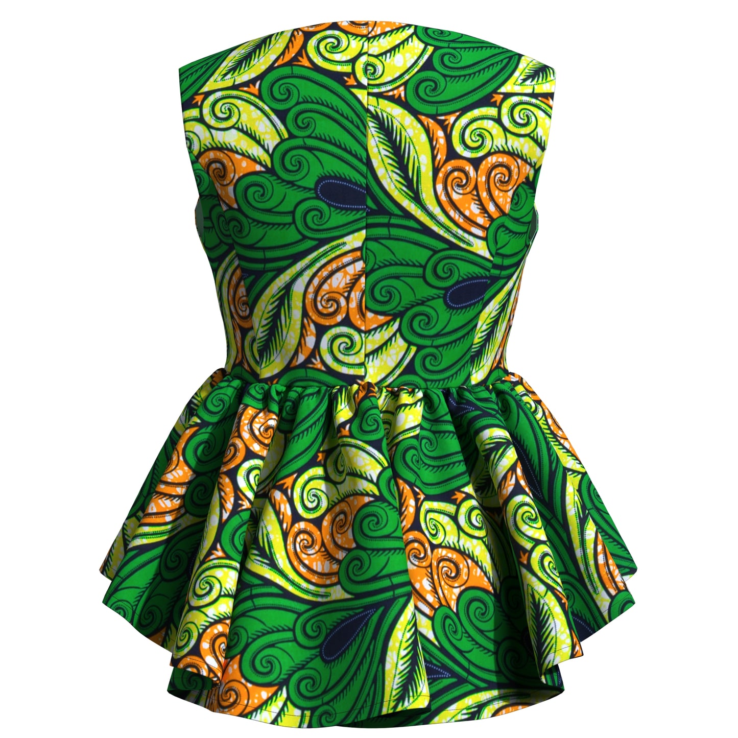 Handmade African Wax Print Sleeveless Peplum Blouse with Ruffle Detail