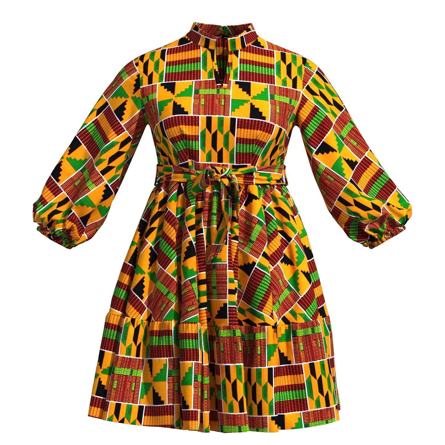 African Print Versatile Belted Stand Collar Casual Dress