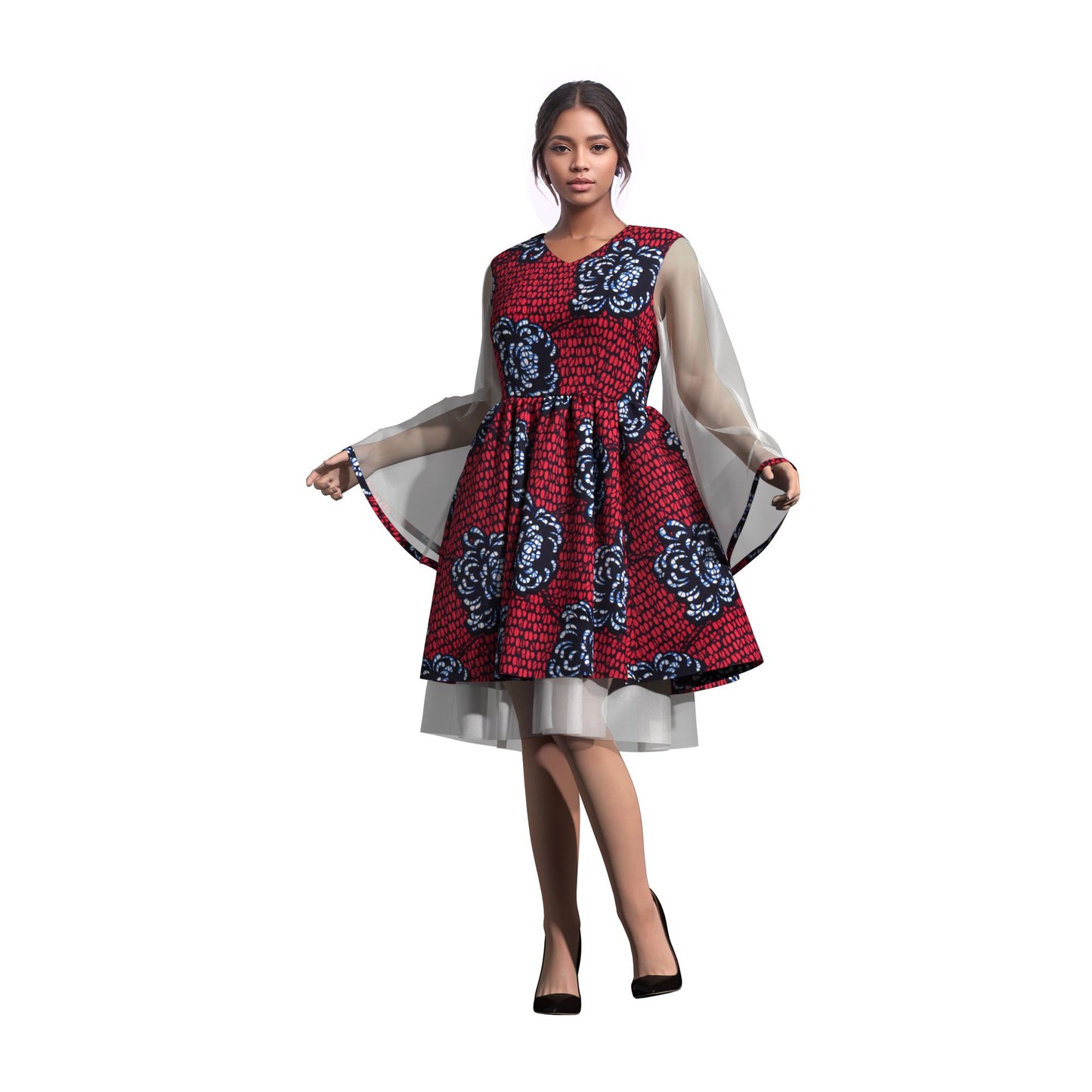 Ethnic African Floral Print Sheer Mesh Flare Sleeve Dress