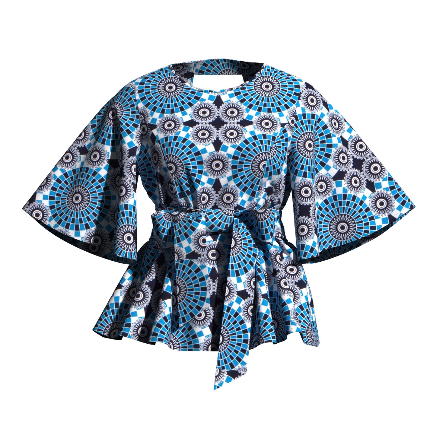 African Print Flare Sleeve Peplum Blouse with Waist Sash