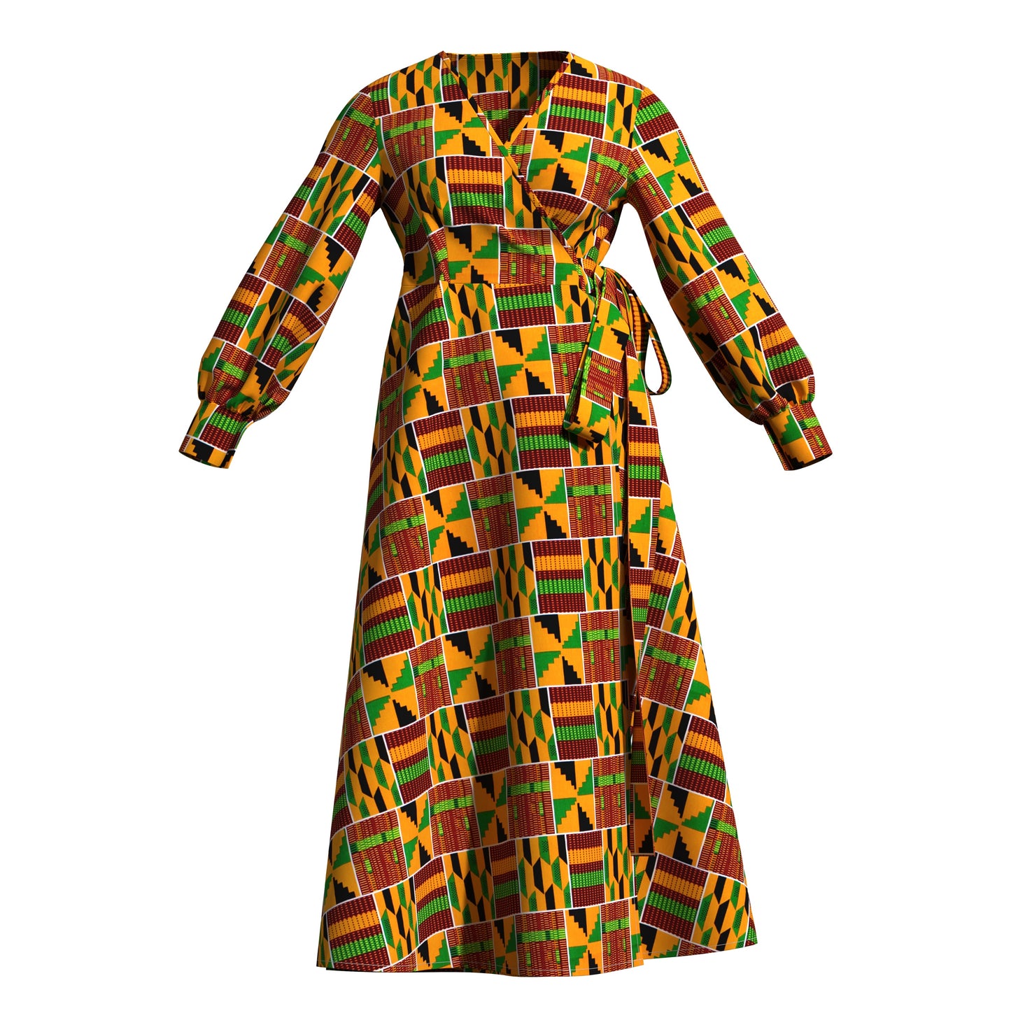African Print Wrap Maxi Dress with Waist Tie