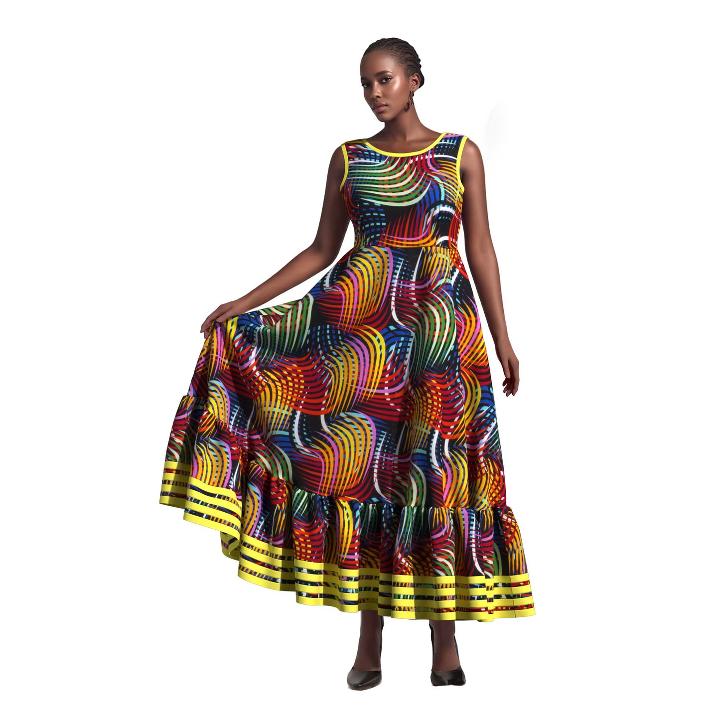Women Ankara Wax Print Sleeveless Maxi Dress Ruffle Hem Strip Trim African Flared Long Occasion Gown