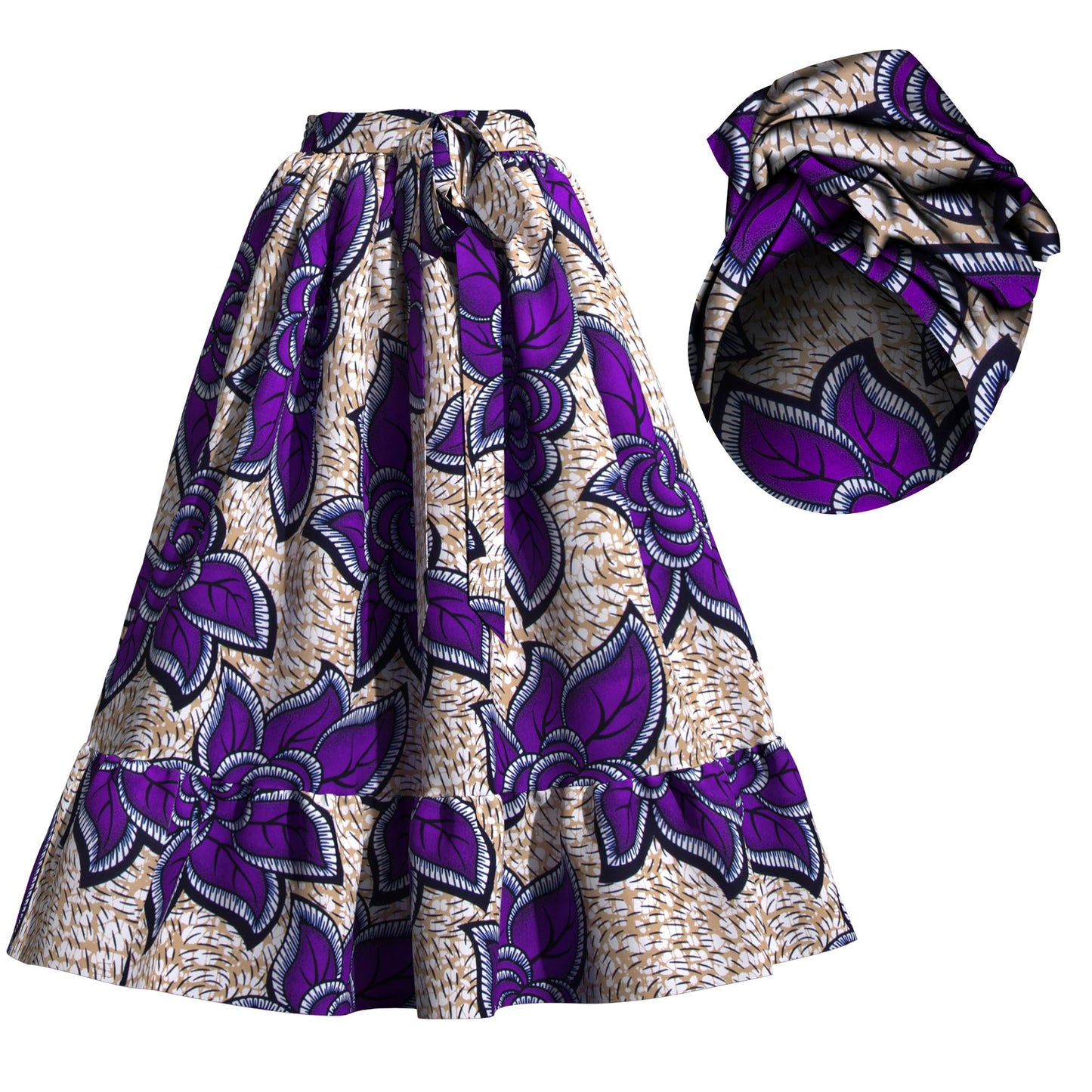Traditional African Print Flowy Skirt with Coordinating Headwrap