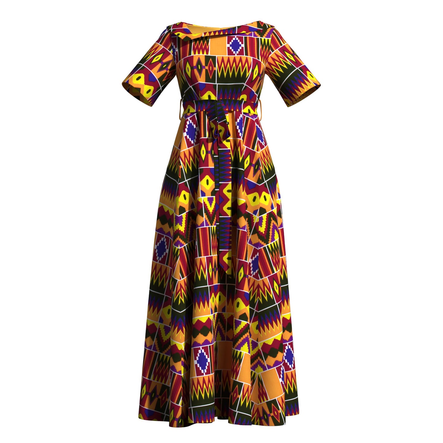 nkara Print Asymmetric Collar Short Sleeve Waist Tie Long Dress