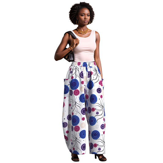 Artistic Abstract Circle Print High-Waist Balloon Pants – Vibrant Afrocentric Wide-Leg Trousers with Pockets