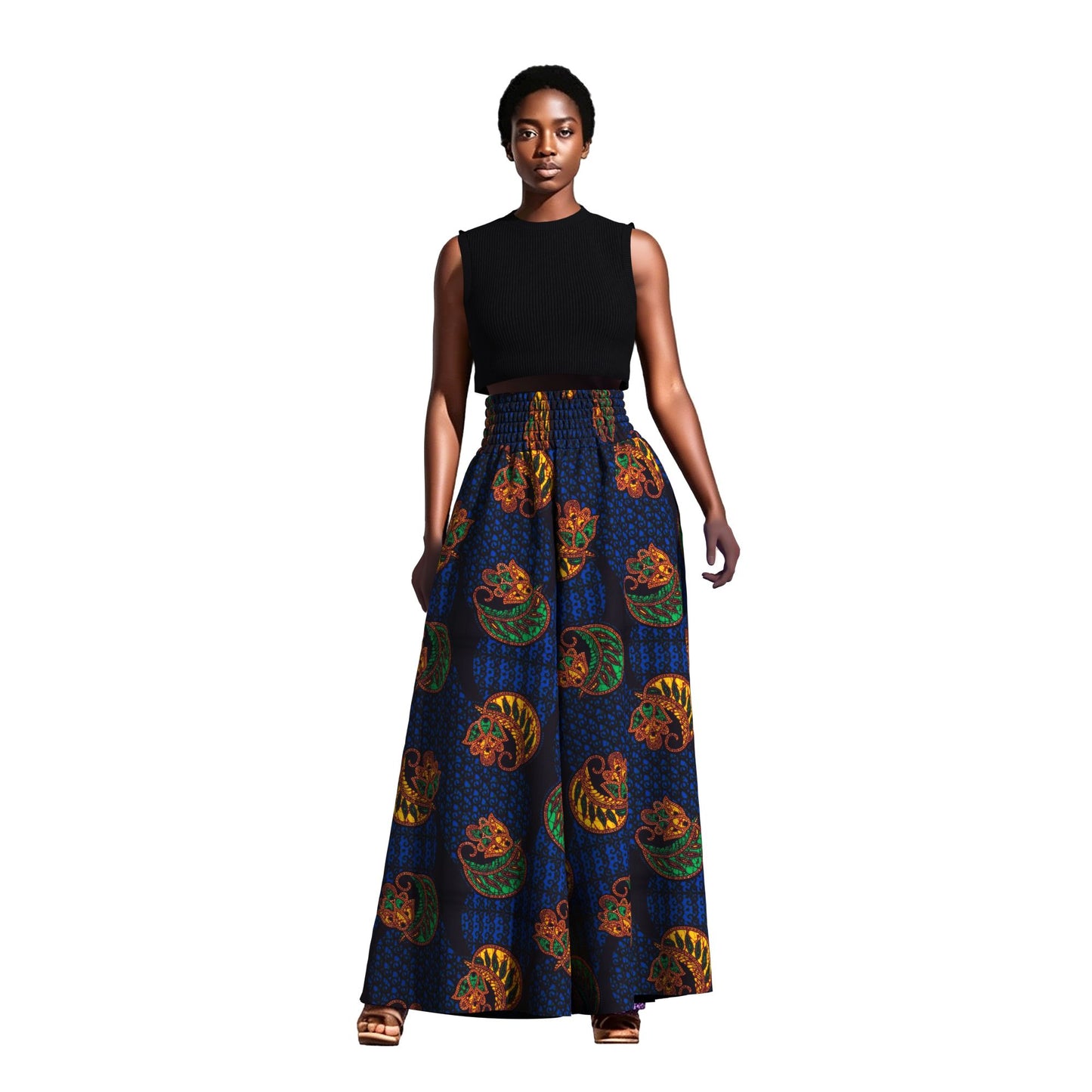 Vintage African Tribal Geometric Print Elastic High Waist Palazzo Pants, Flowy Loose Wide Leg Long Pants Slimming Figure Friendly