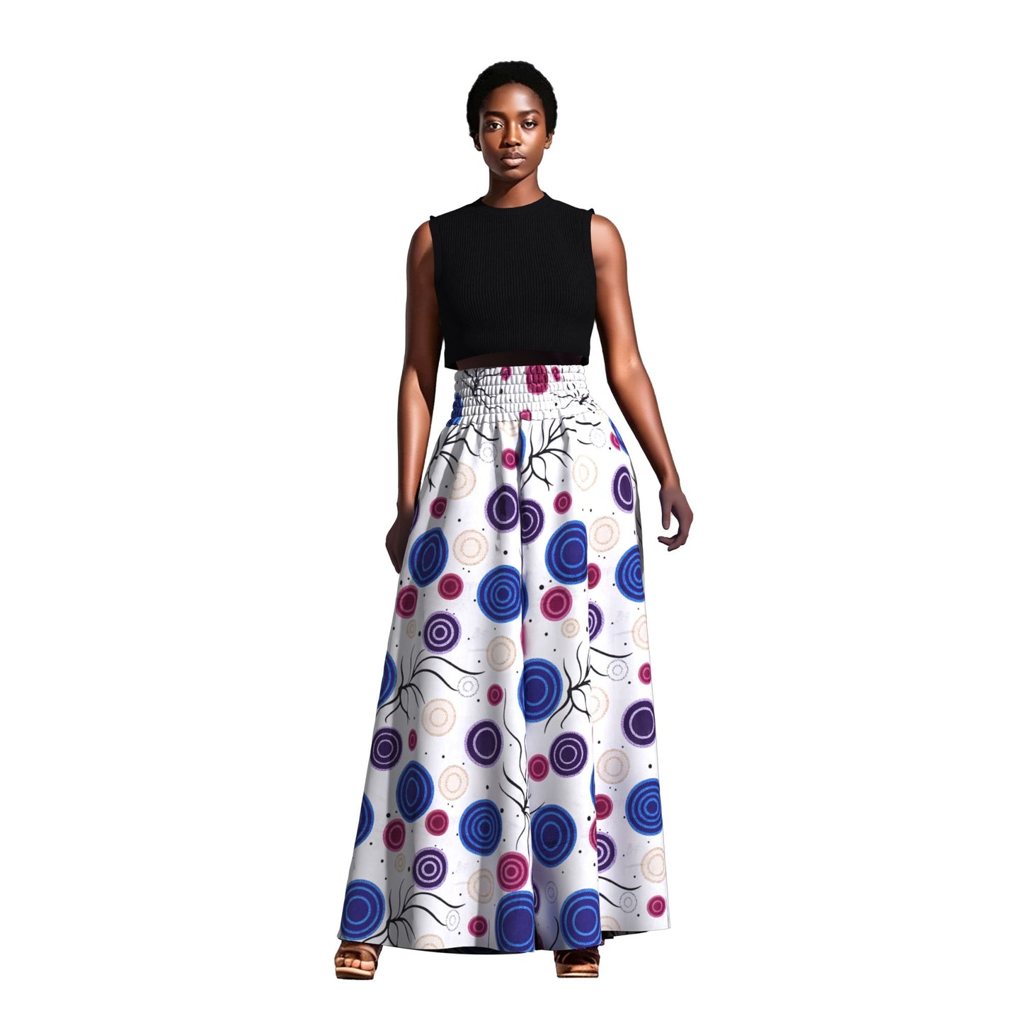 Vintage African Tribal Geometric Print Elastic High Waist Palazzo Pants, Flowy Loose Wide Leg Long Pants Slimming Figure Friendly