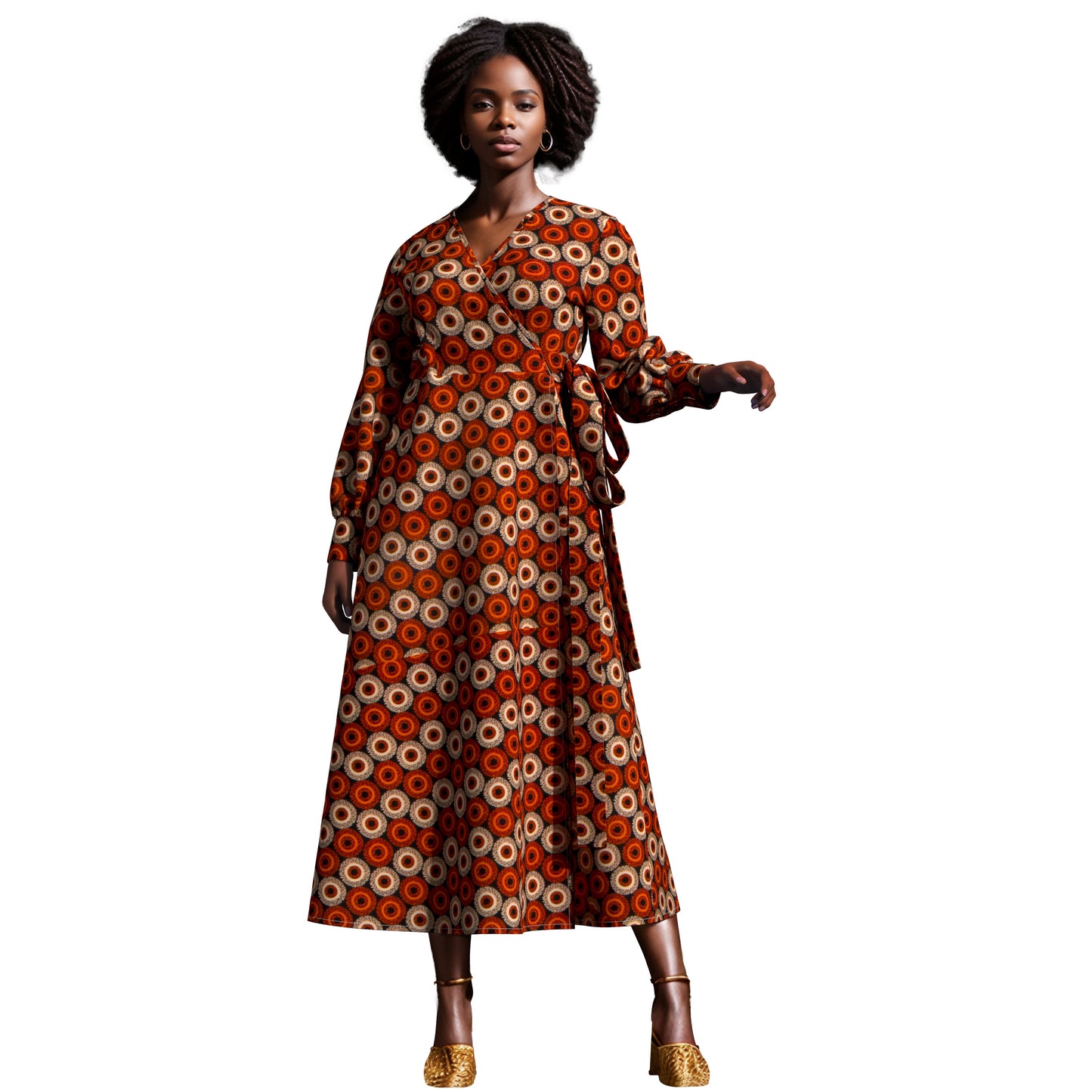 African Print Wrap Maxi Dress with Waist Tie