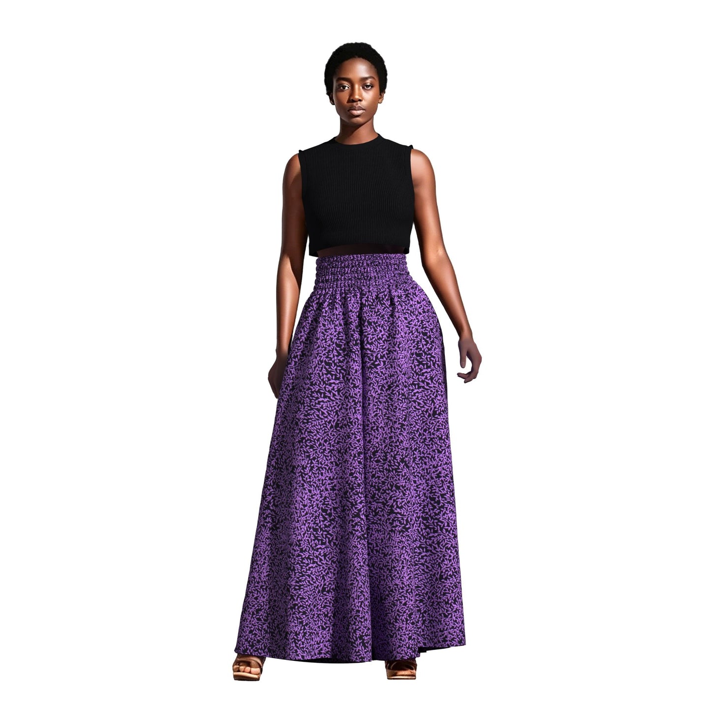 Vintage African Tribal Geometric Print Elastic High Waist Palazzo Pants, Flowy Loose Wide Leg Long Pants Slimming Figure Friendly