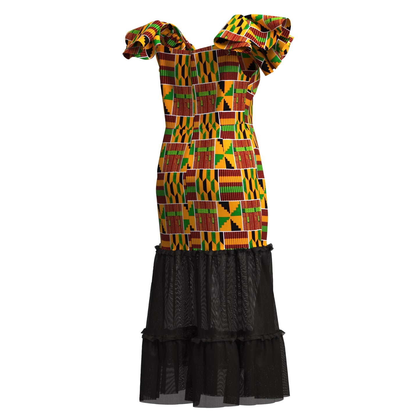 African Ankara Print Ruffle Sleeve Mermaid Dress with Sheer Mesh Hem