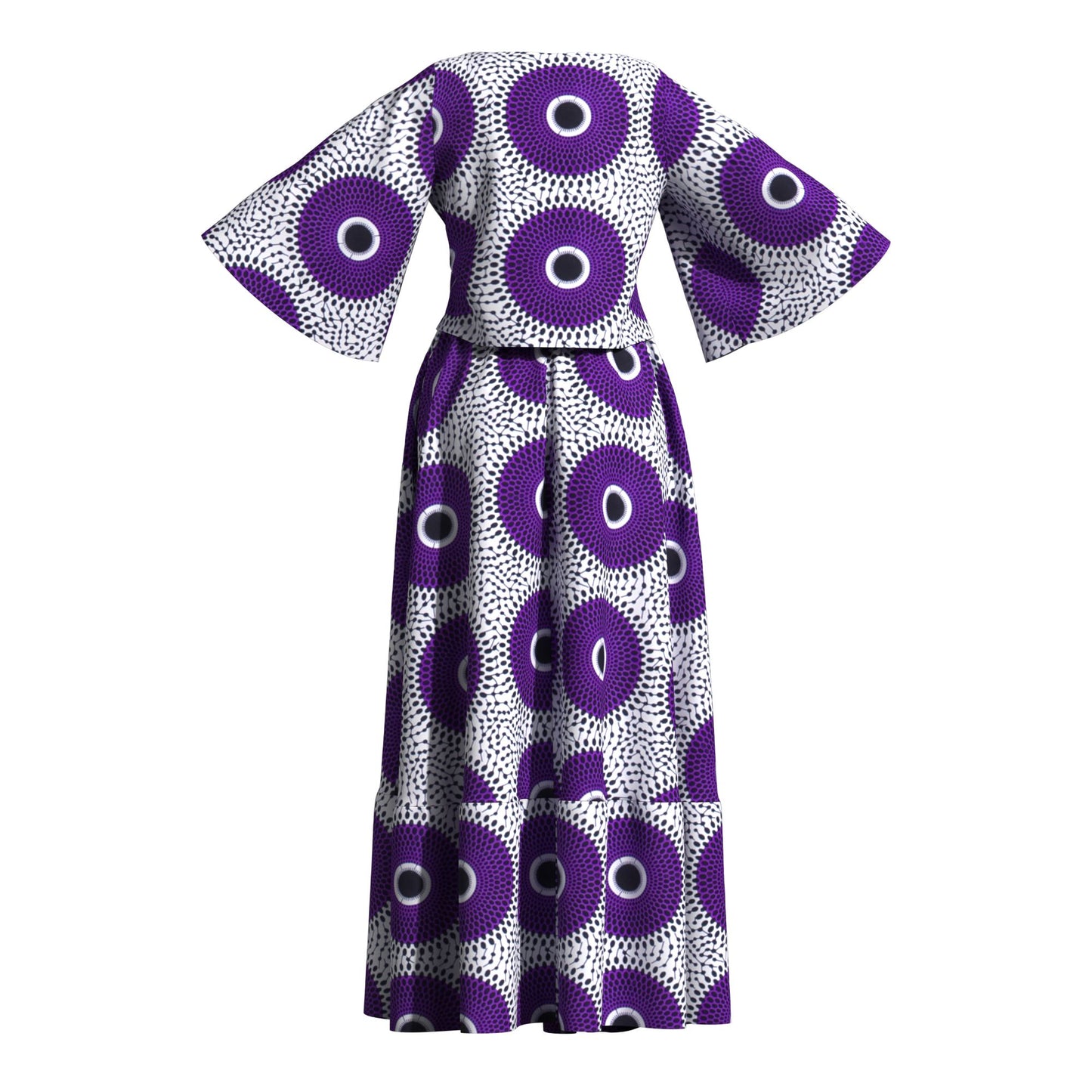 African Print Two Piece Outfit Women Notch Neck Crop Top & Tiered Maxi Skirt Set High Waist Slimming Matching Suit