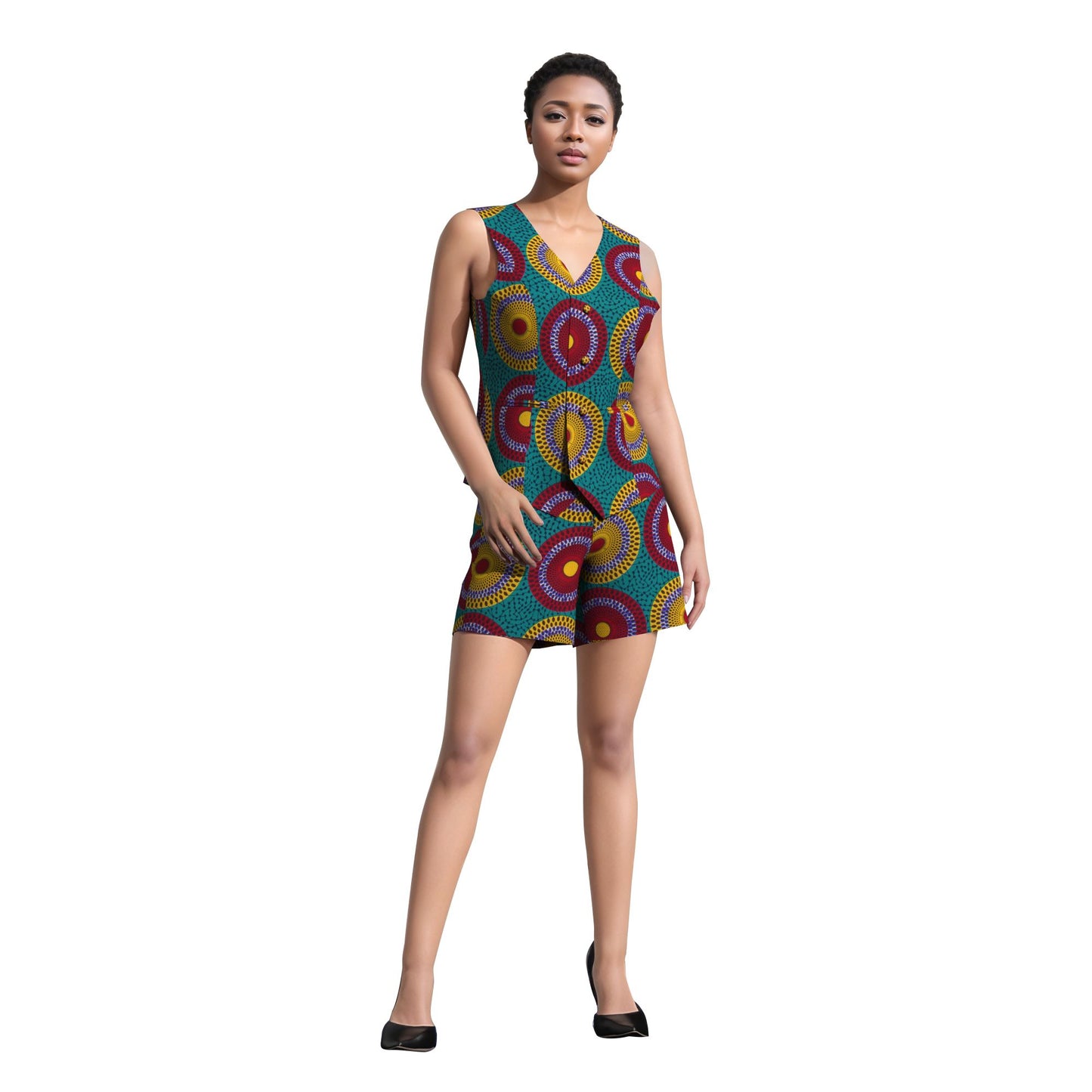 African Print Sleeveless Blazer and Shorts Co-Ord Set