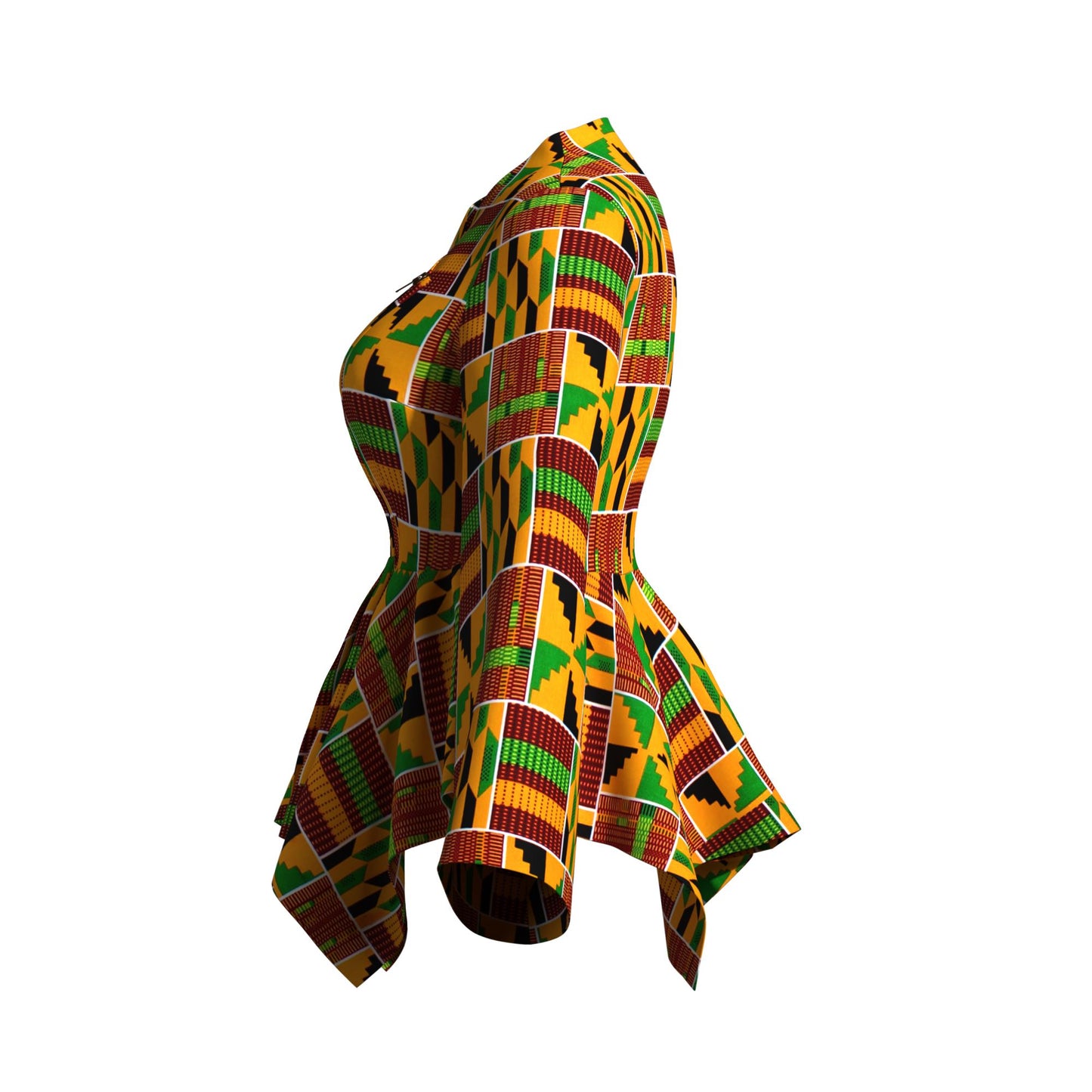 Kente Print Asymmetric Peplum Top with Bell Sleeves