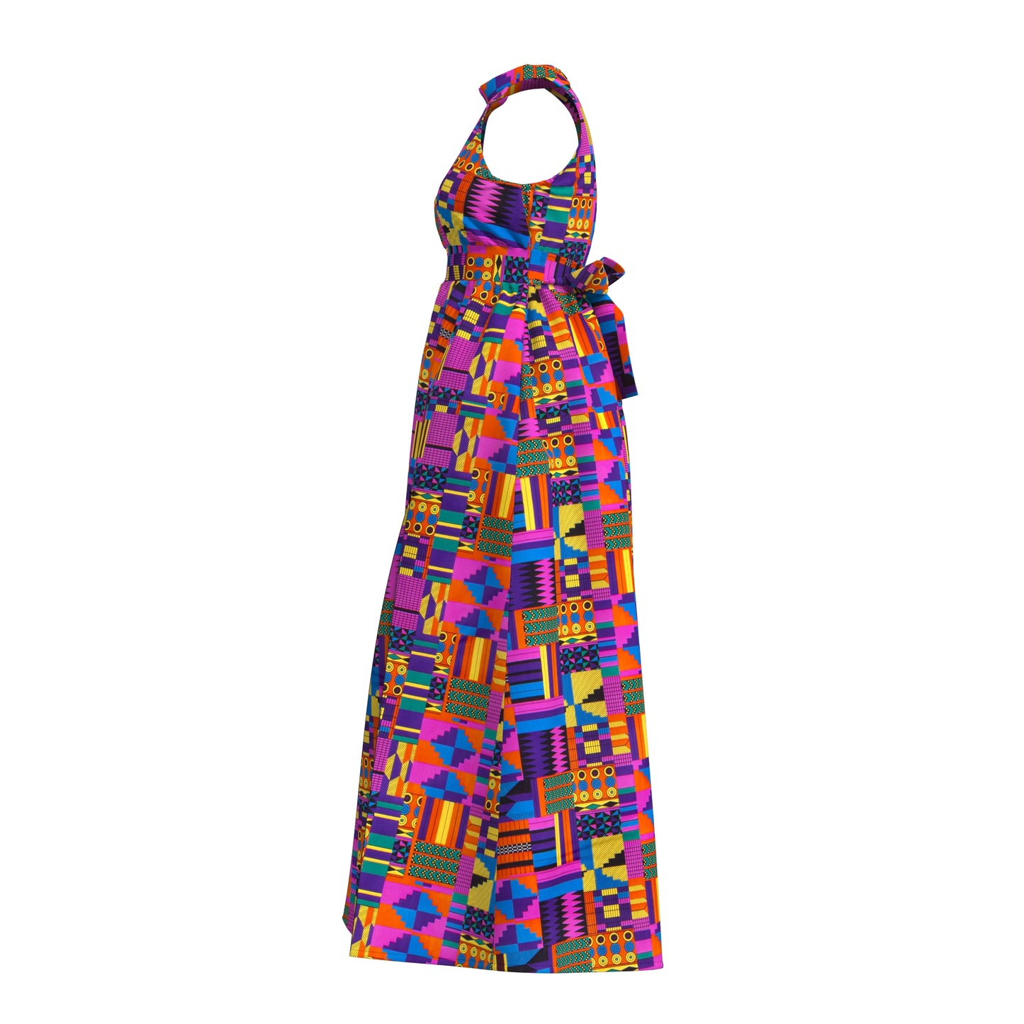 Ladies African Fabric Halter Maxi Dress With Back Bow & Side Split