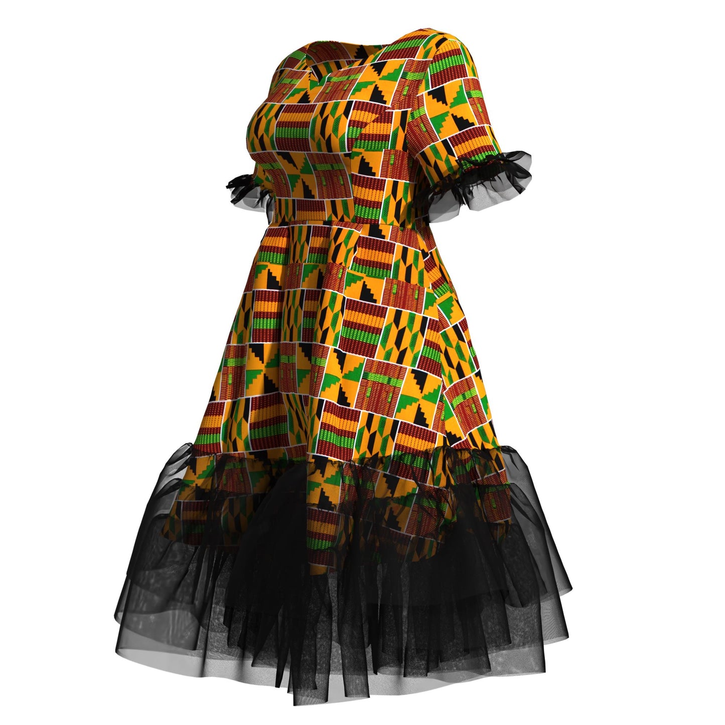 Kente Print Tiered Tulle Midi Dress – Short Sleeve Ankara Dress with Sheer Trim