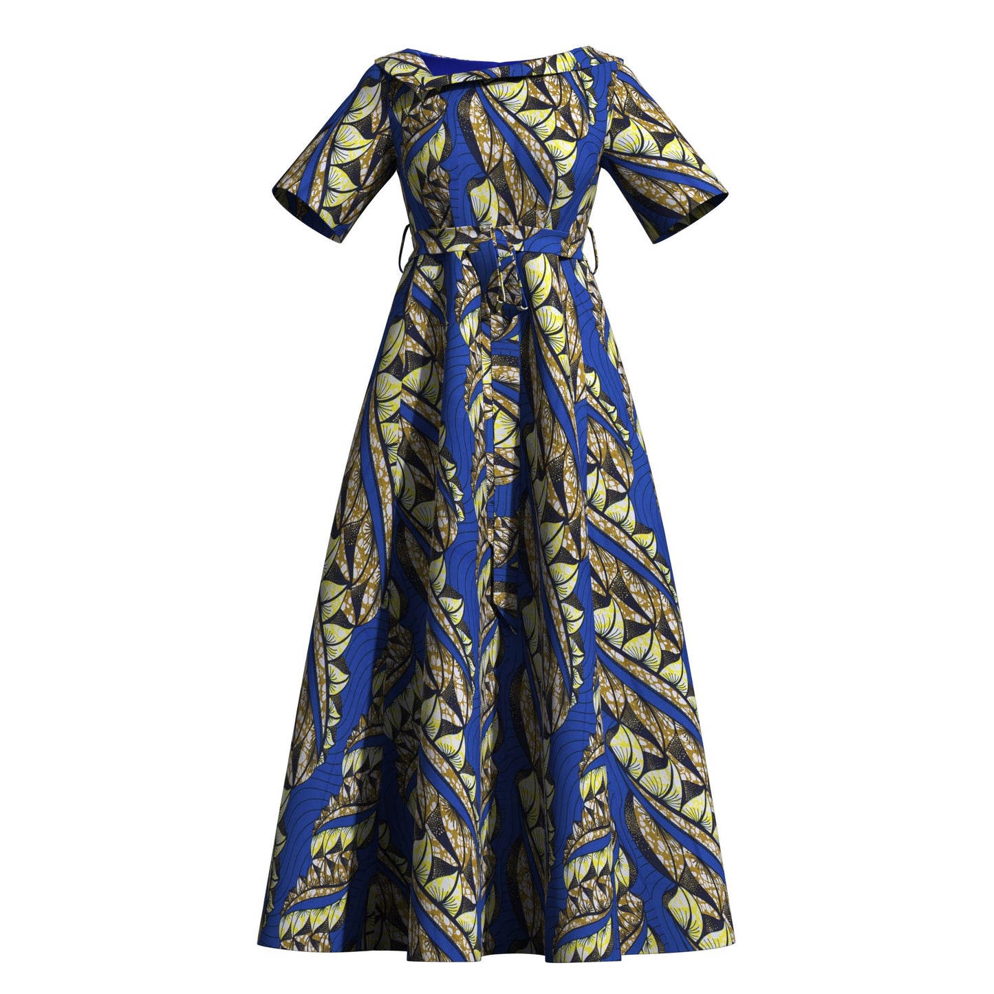 nkara Print Asymmetric Collar Short Sleeve Waist Tie Long Dress