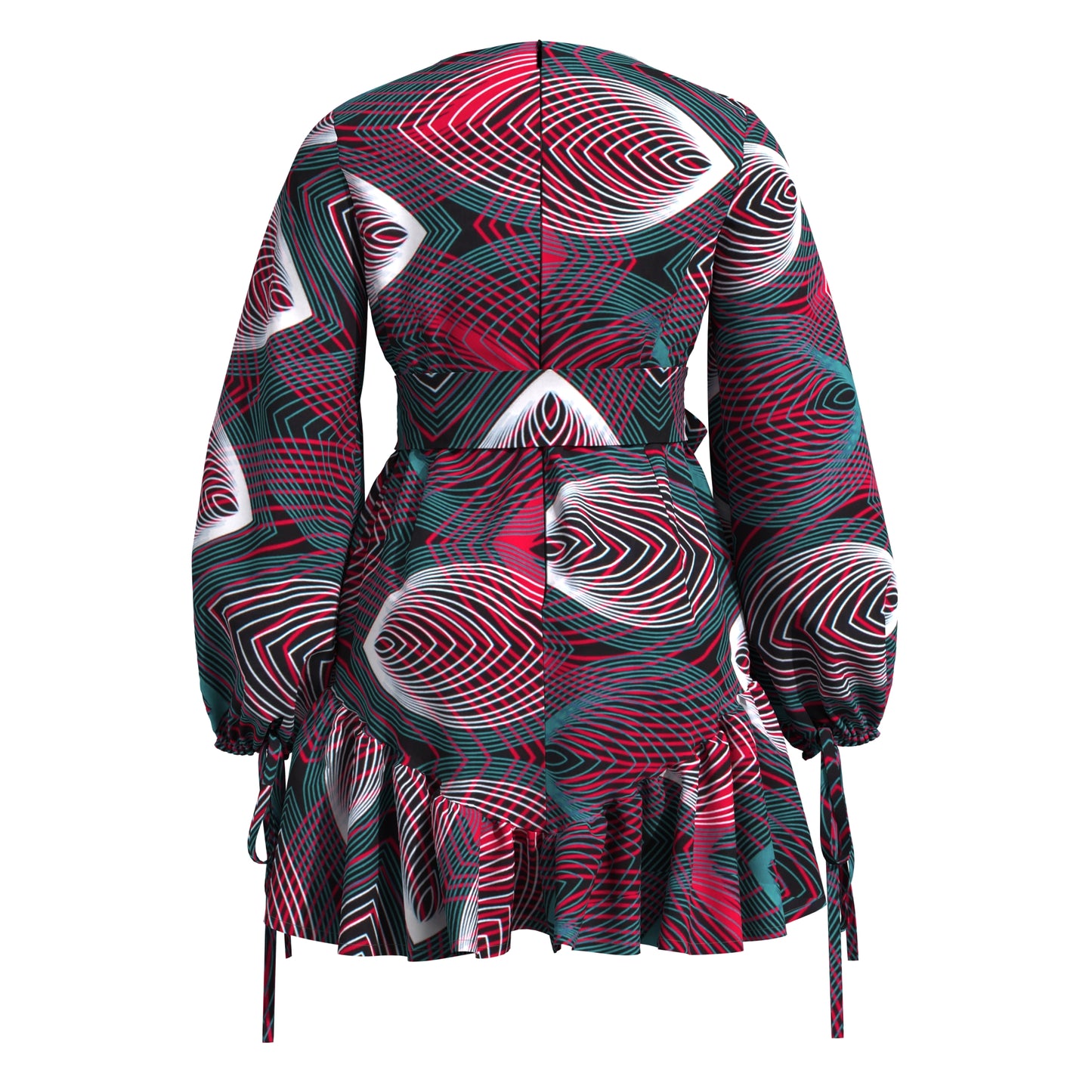 Sheer Mesh Neck African Print Belted Mini Dress