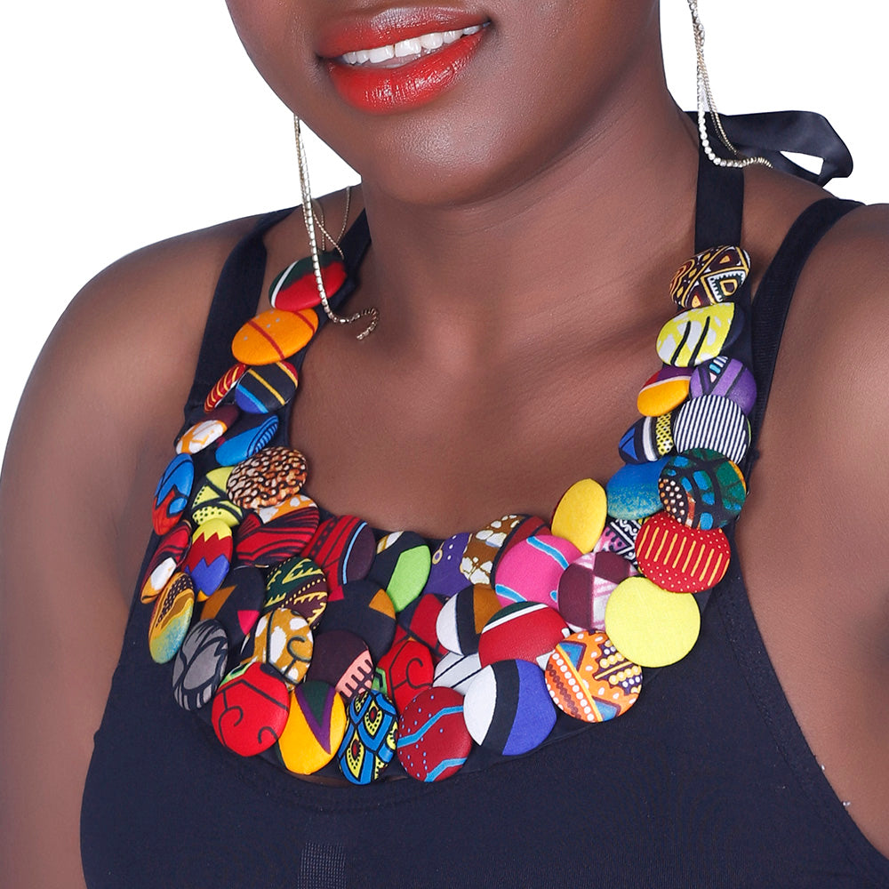 Handcrafted African Wax Print Button Cluster Necklace