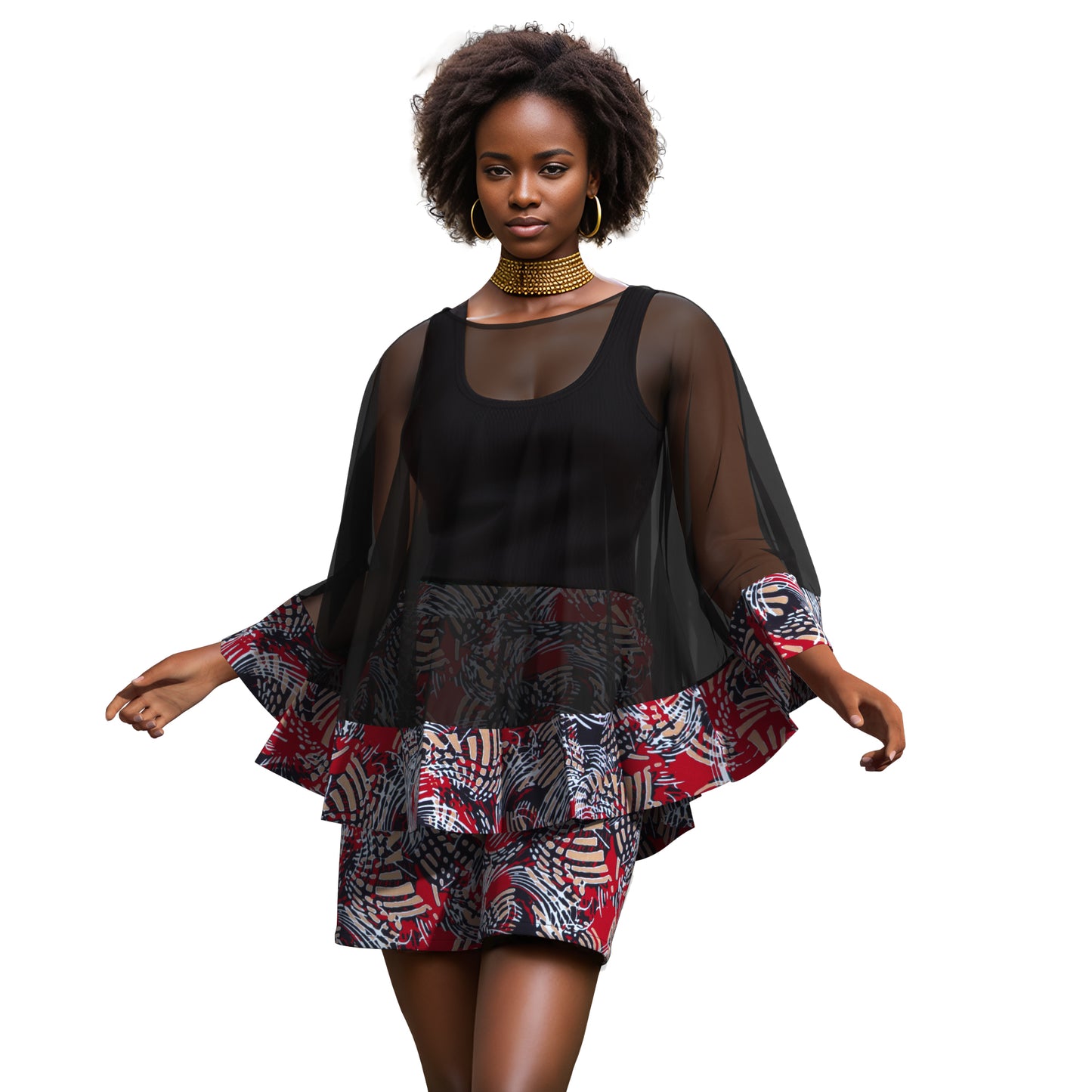 African Print Chiffon Cape Top & Shorts Two-Piece Set