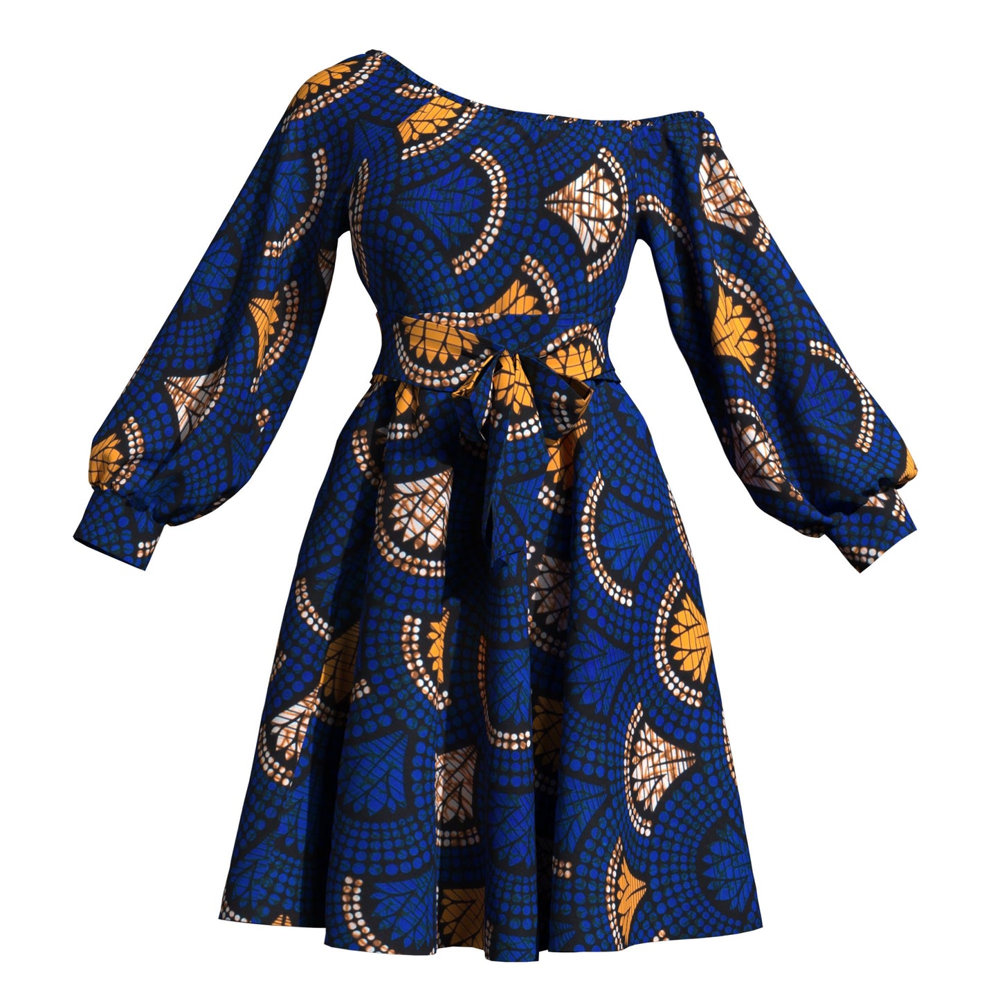 Classic African Wax Print Asymmetrical Dress, Paired with Same-Print Belt