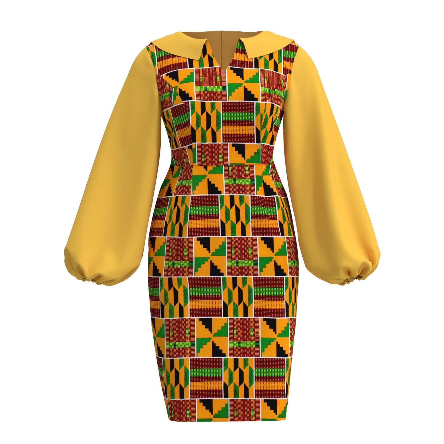 African Print Peter Pan Collar Puff Sleeve Midi Dress