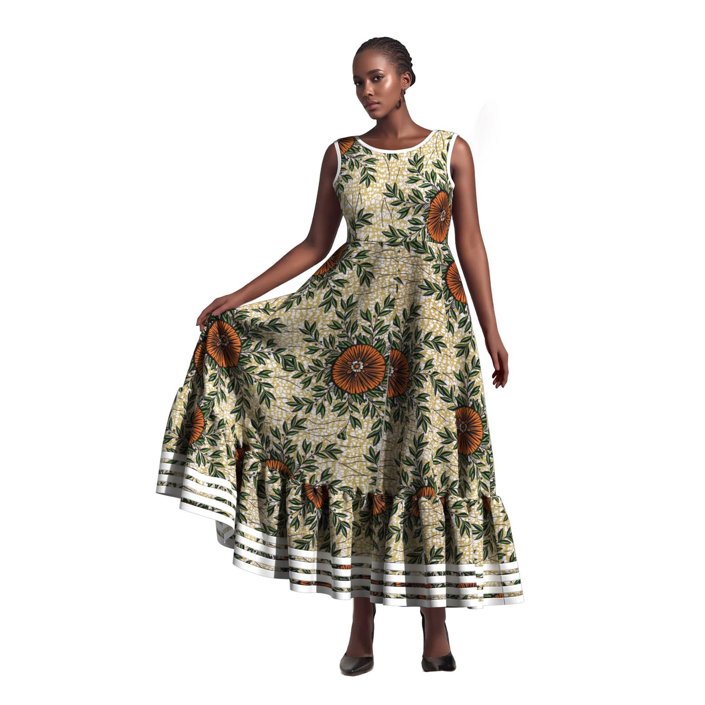 African Women All Over Culture Print Sleeveless Maxi Dress Hollow Back Decorative Buttons Casual Party Dress