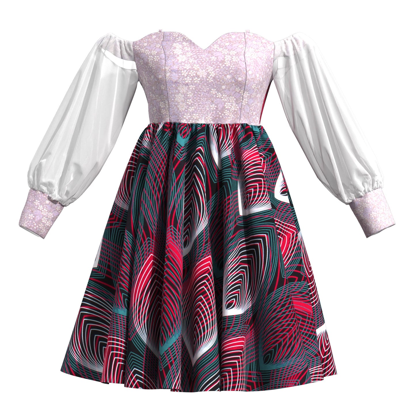 African Print Sequin Off Shoulder Mesh Sleeve A-Line Dress