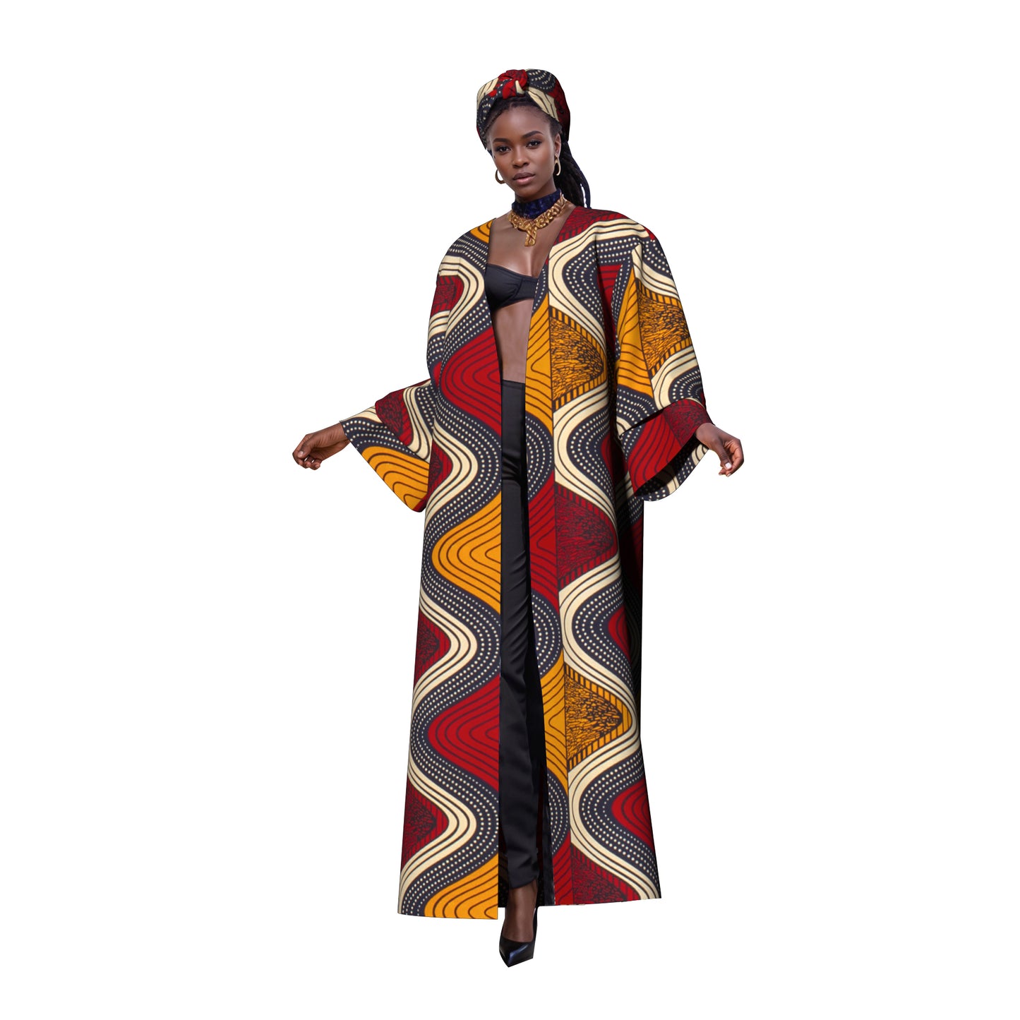 African Women All Over Cultural Print Loose Long Open Front Outerwear Matching Printed Head Wrap Set