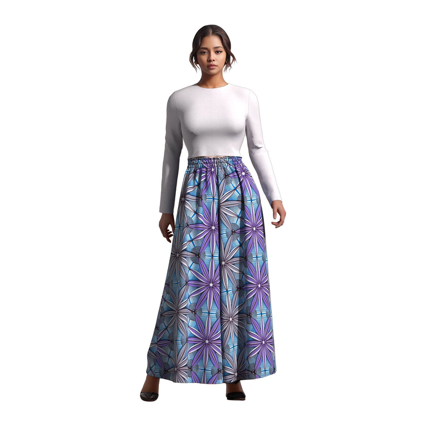 African Print Flowy Palazzo Pants, High Waist Elastic Waist Wide Leg Trousers
