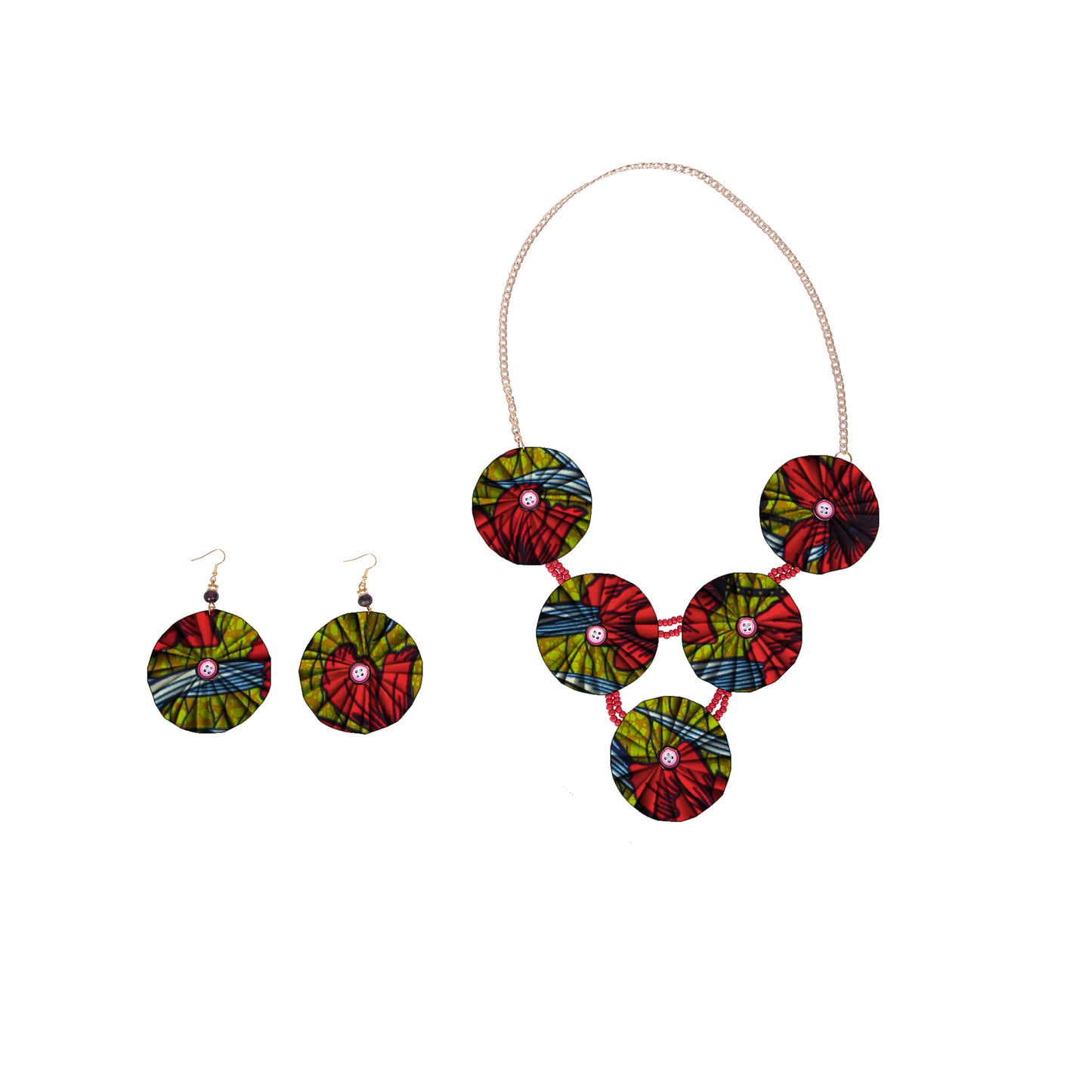 African Women Ankara Fabric Button Statement Necklace & Earring Set Accessories