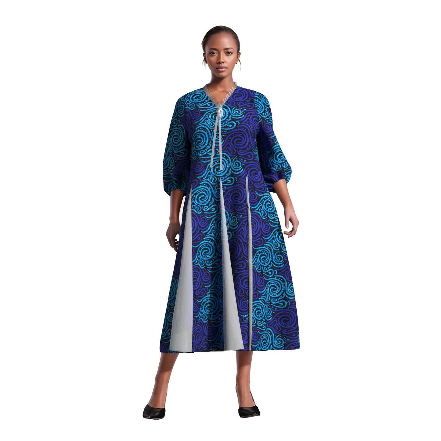 Women Bold Tribal Floral Print V Neck Puff Midi Dress Sheer Panel Split Layer Church Party Outfit