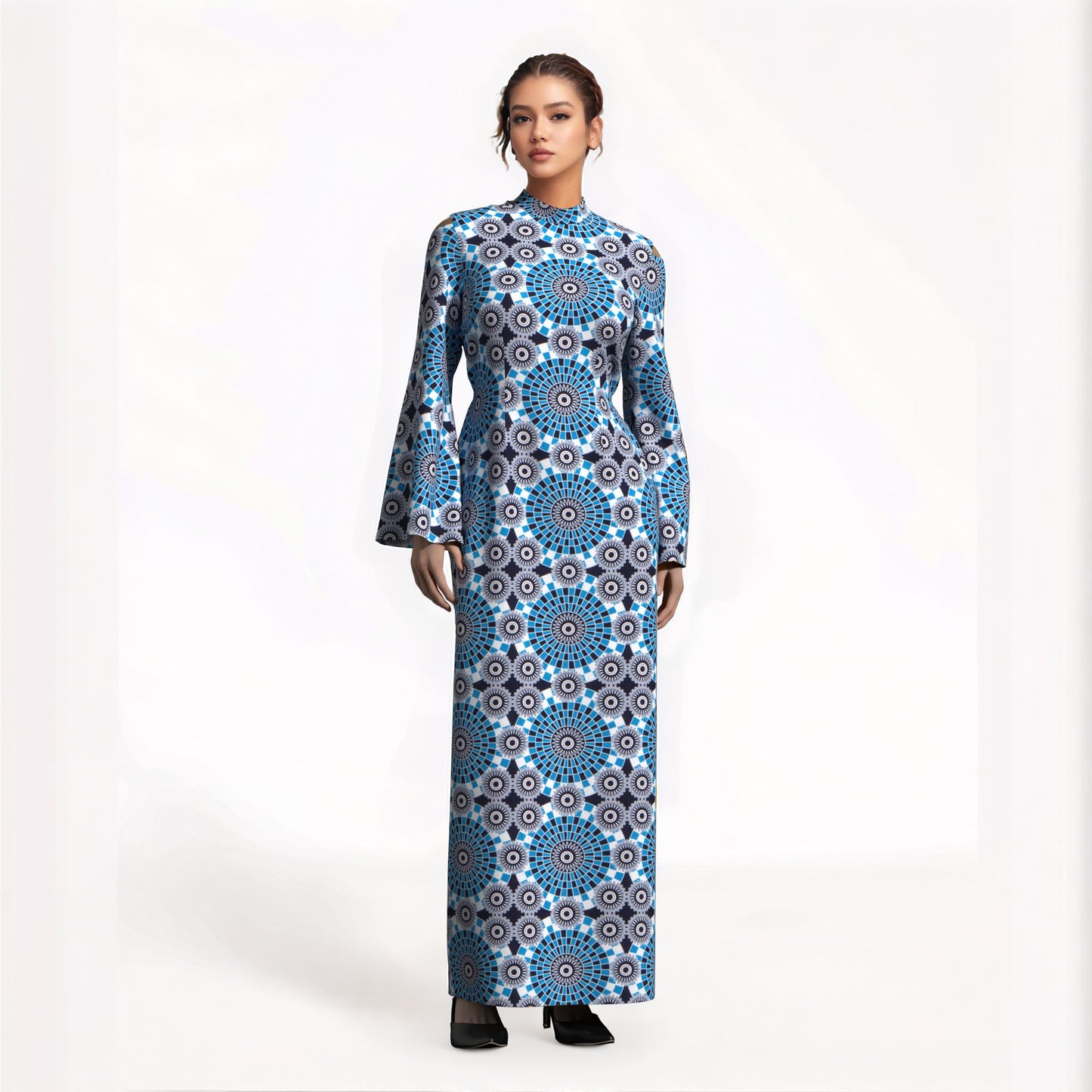 Ladies Kente Geometric Wax Print Long Dress High Neck Bell Sleeve Slim African Party Gown