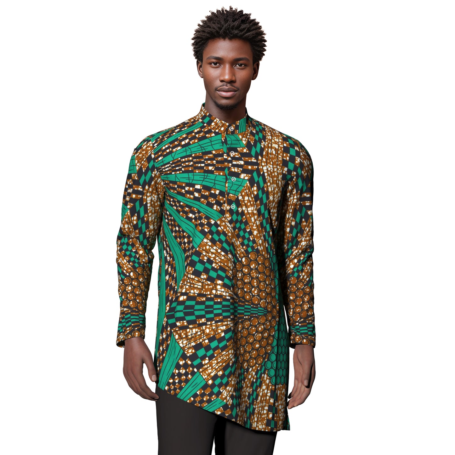 Ankara Print Men’s Mandarin Collar Asymmetric Hem Shirt