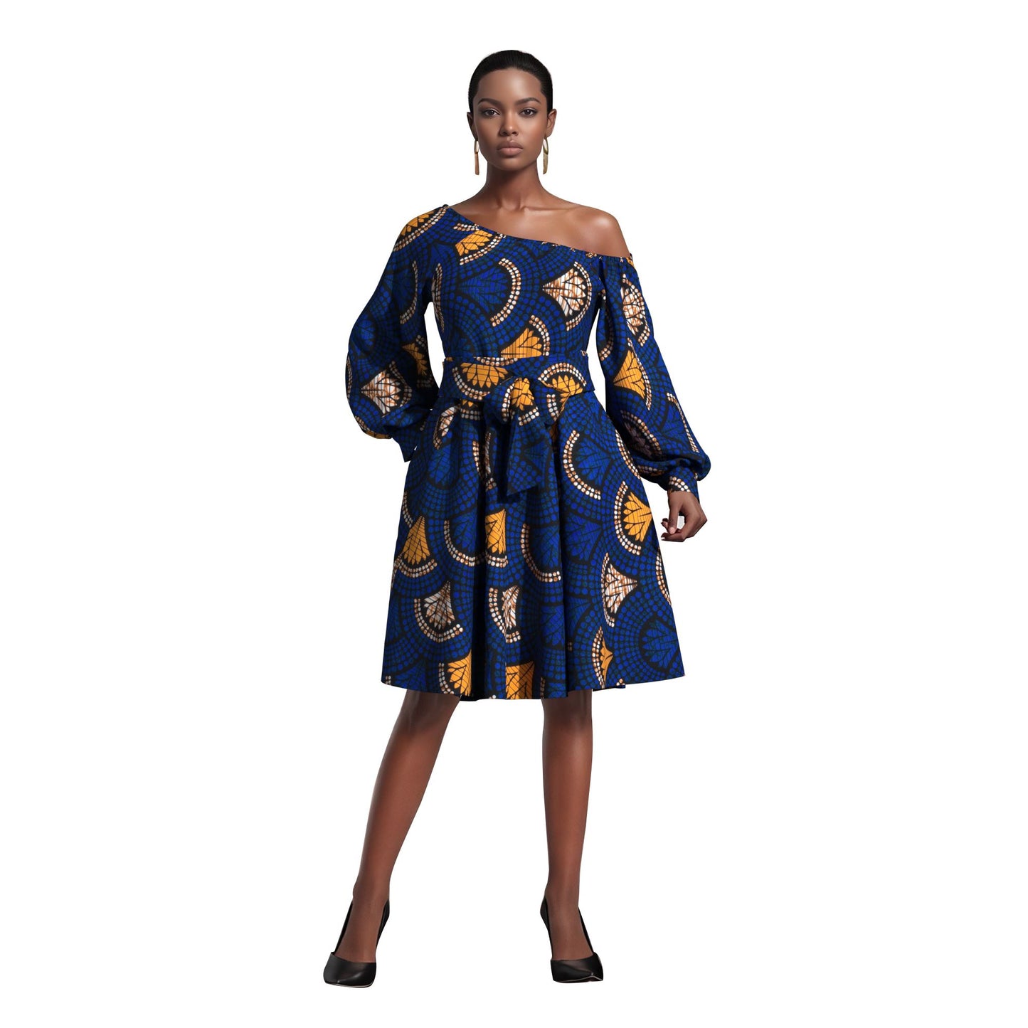 Classic African Wax Print Asymmetrical Dress, Paired with Same-Print Belt