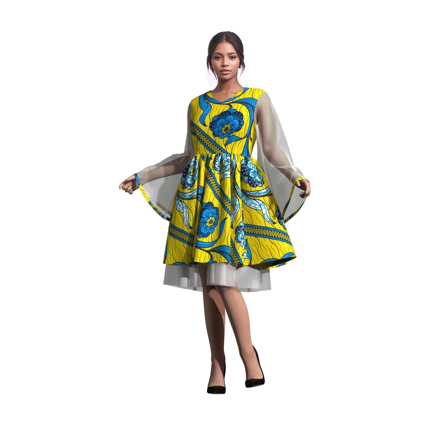 Ethnic African Floral Print Sheer Mesh Flare Sleeve Dress