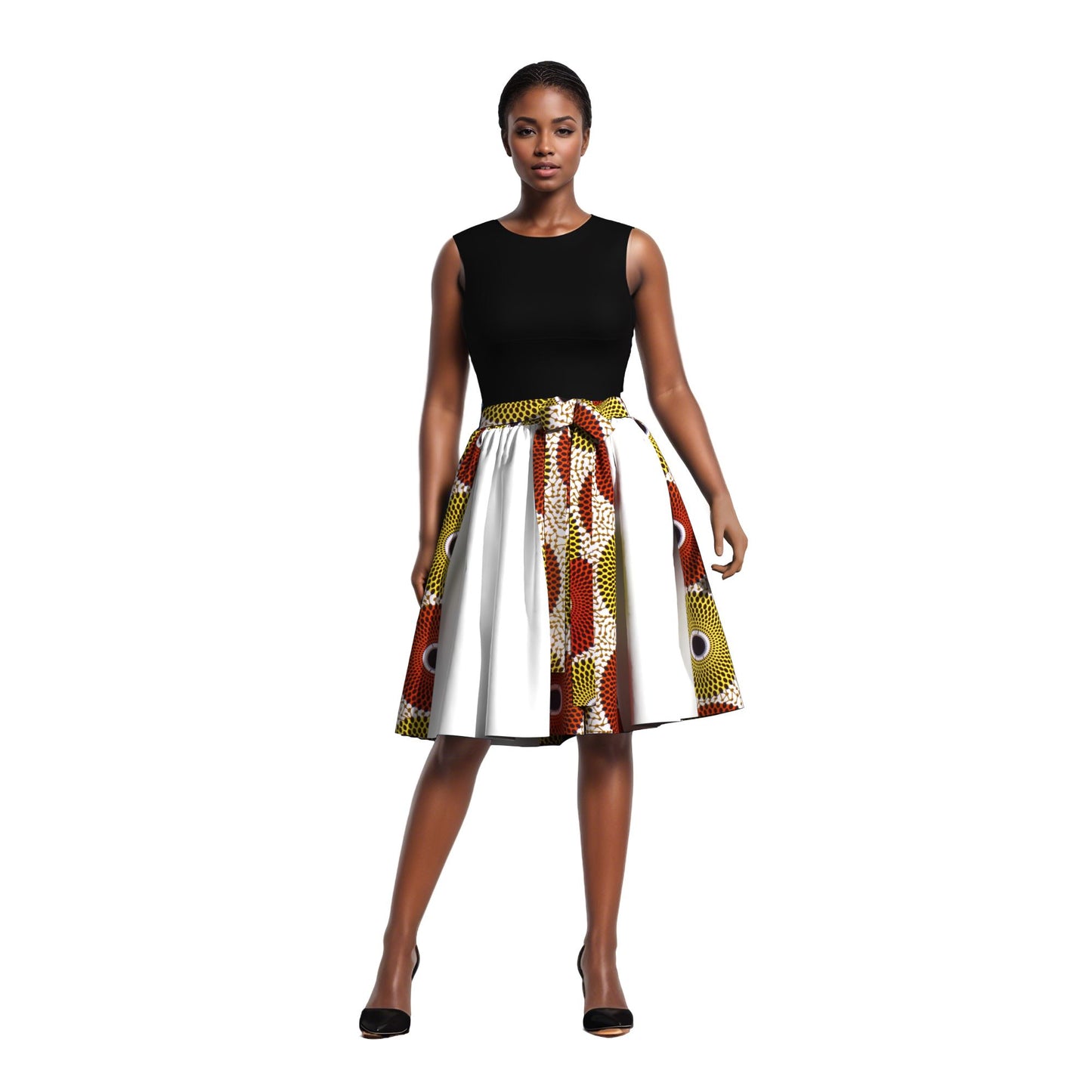 Versatile African Print Color Block Flared Skirt