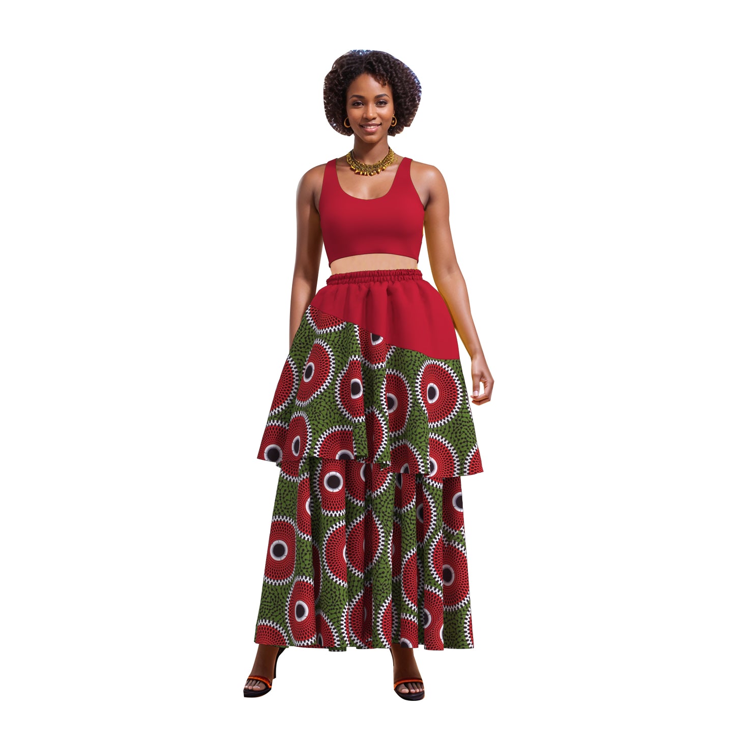 African Print Color Block Tiered Maxi Skirt